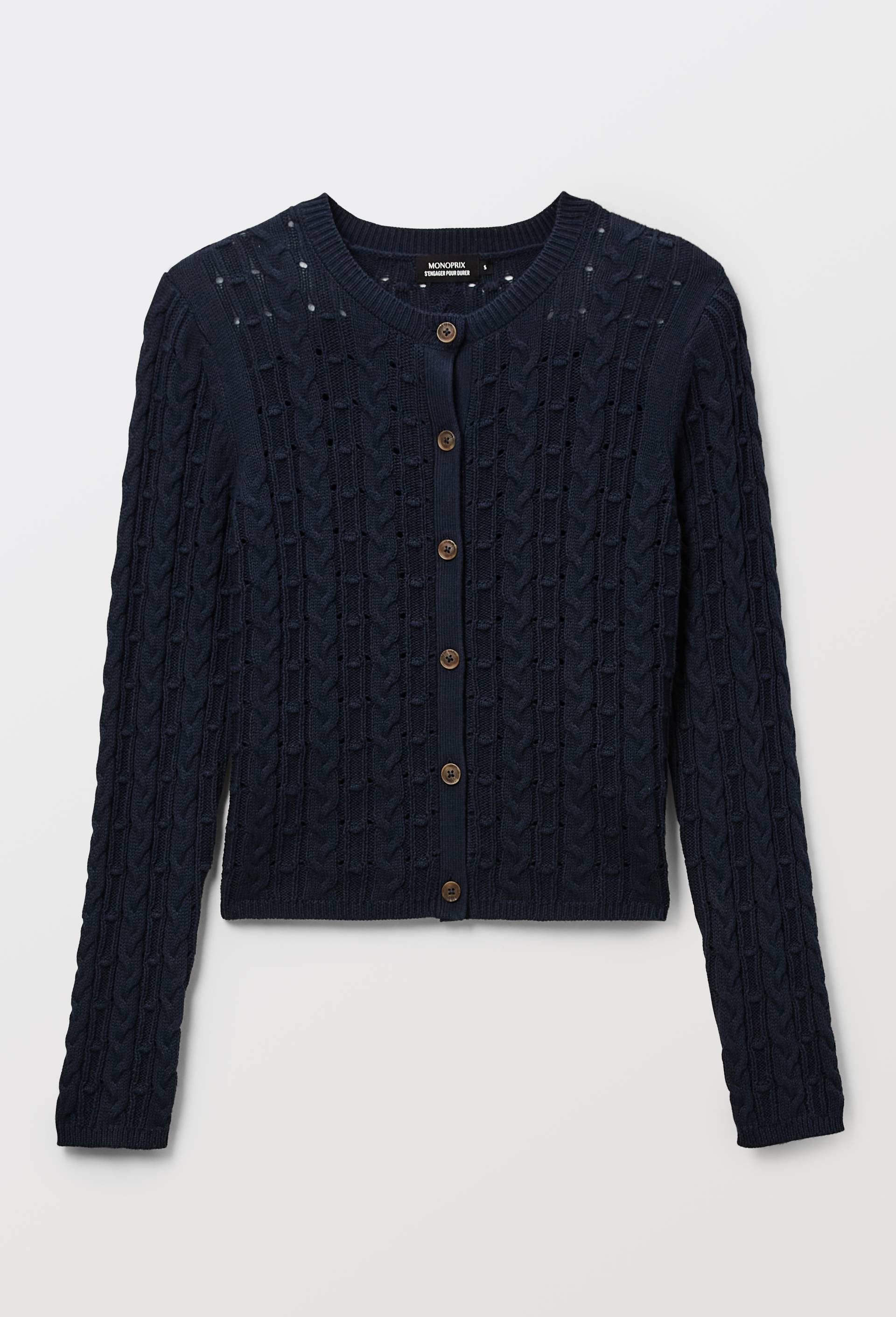 Cardigan boutonn&eacute; &agrave; torsades en coton BIO, Bleu fonc&eacute;, large image number 2