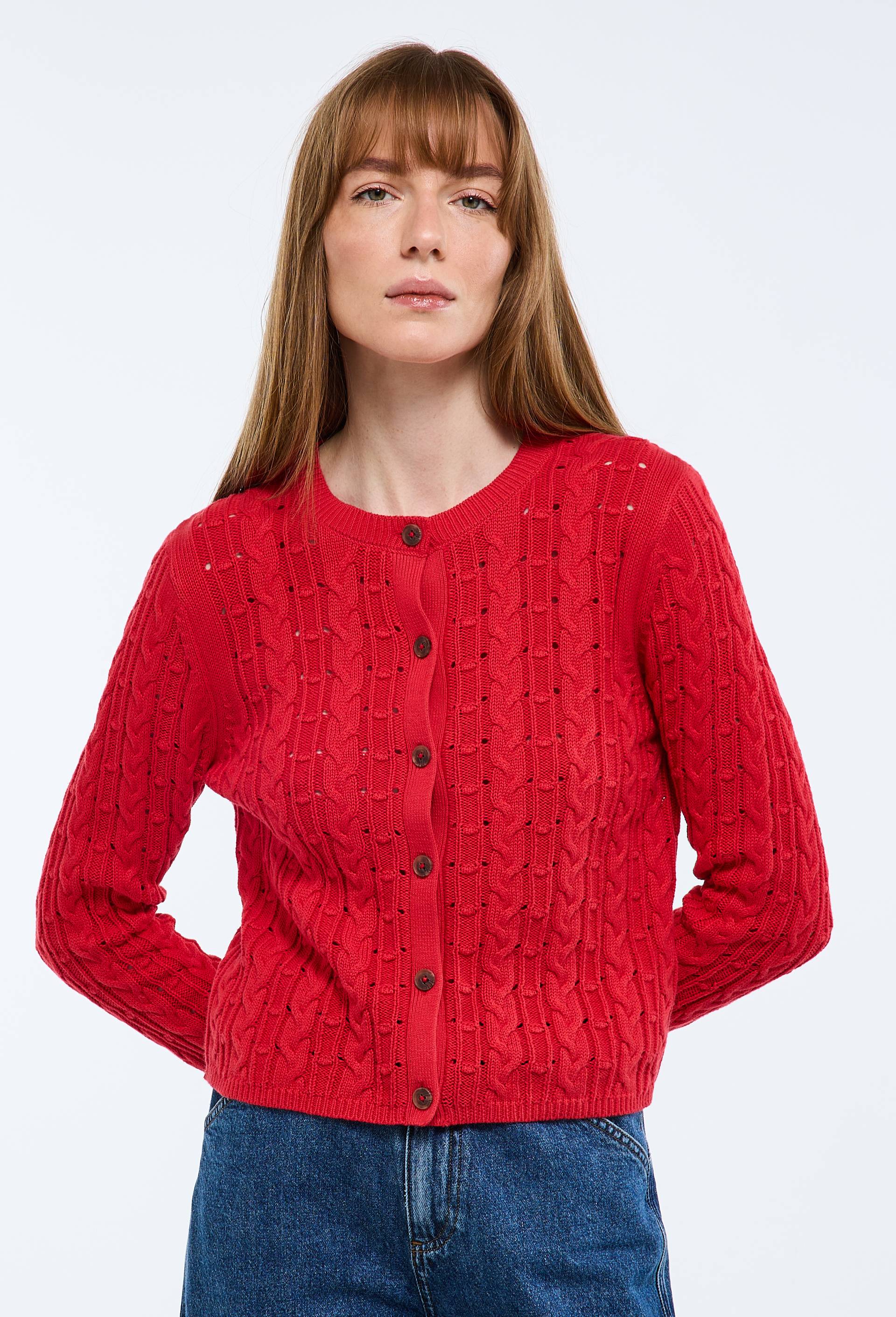 Cardigan boutonn&eacute; &agrave; torsades en coton BIO, Rouge, swatch image