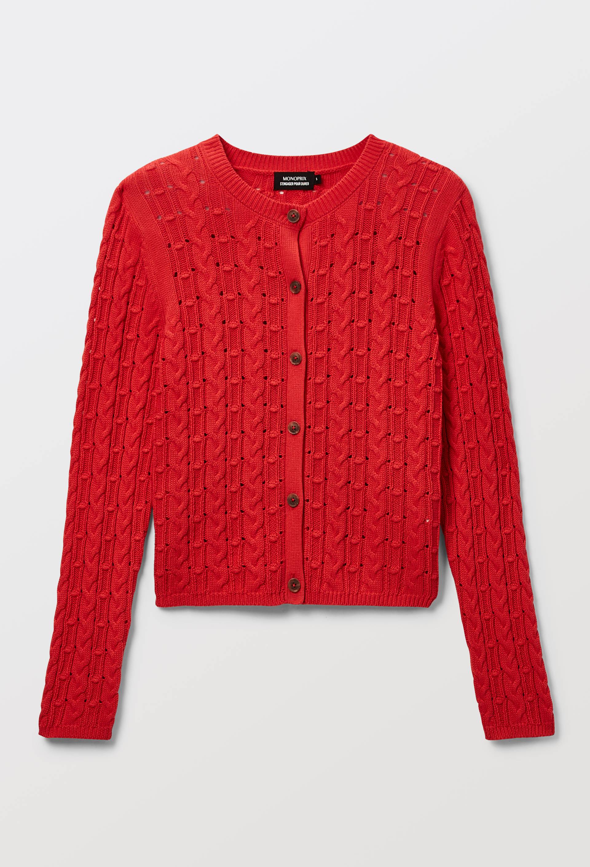 Cardigan boutonn&eacute; &agrave; torsades en coton BIO, Rouge, large image number 2