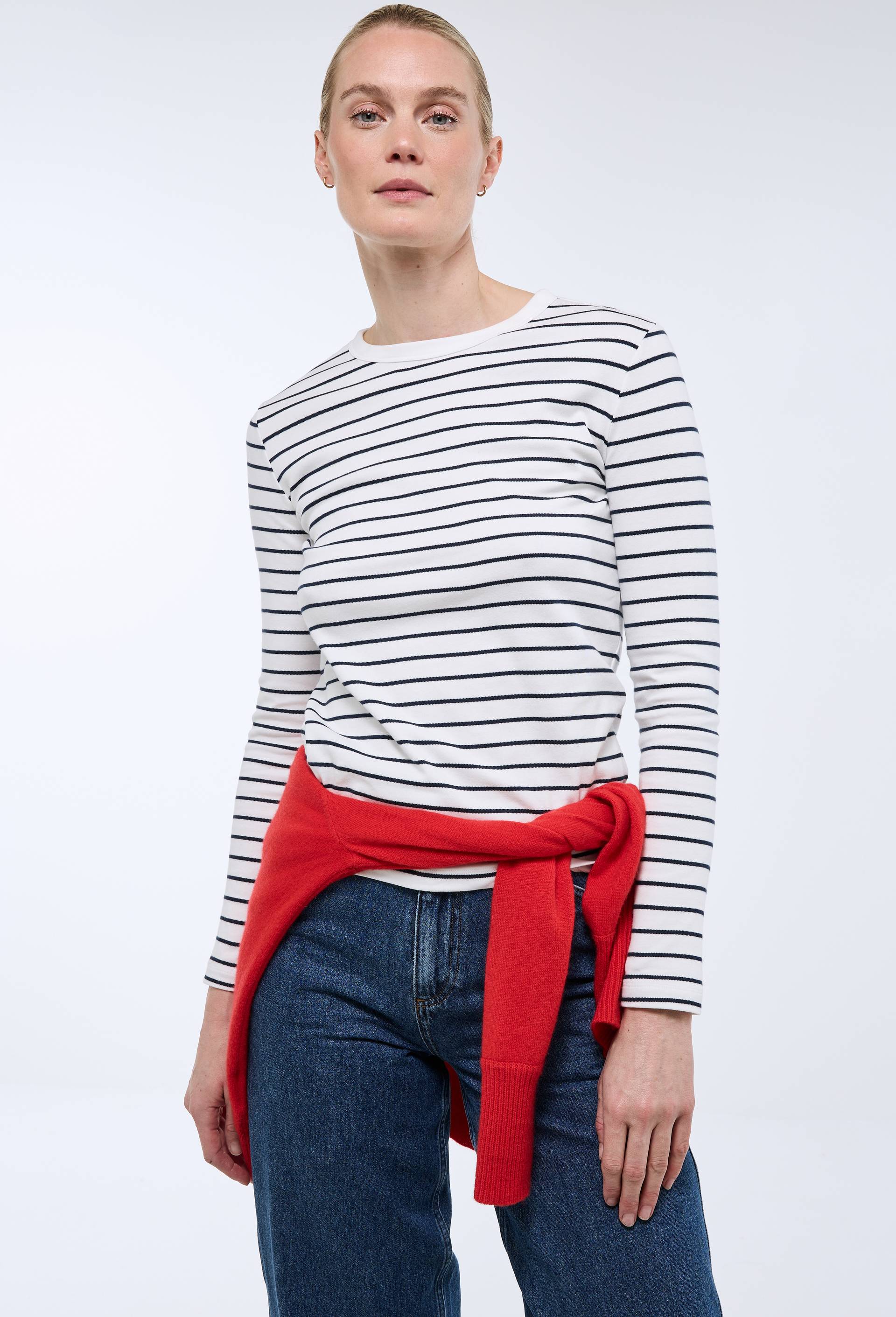 T-shirt &agrave; manches longues ray&eacute; &eacute;pais en coton BIO GOTS, Ecru, swatch image