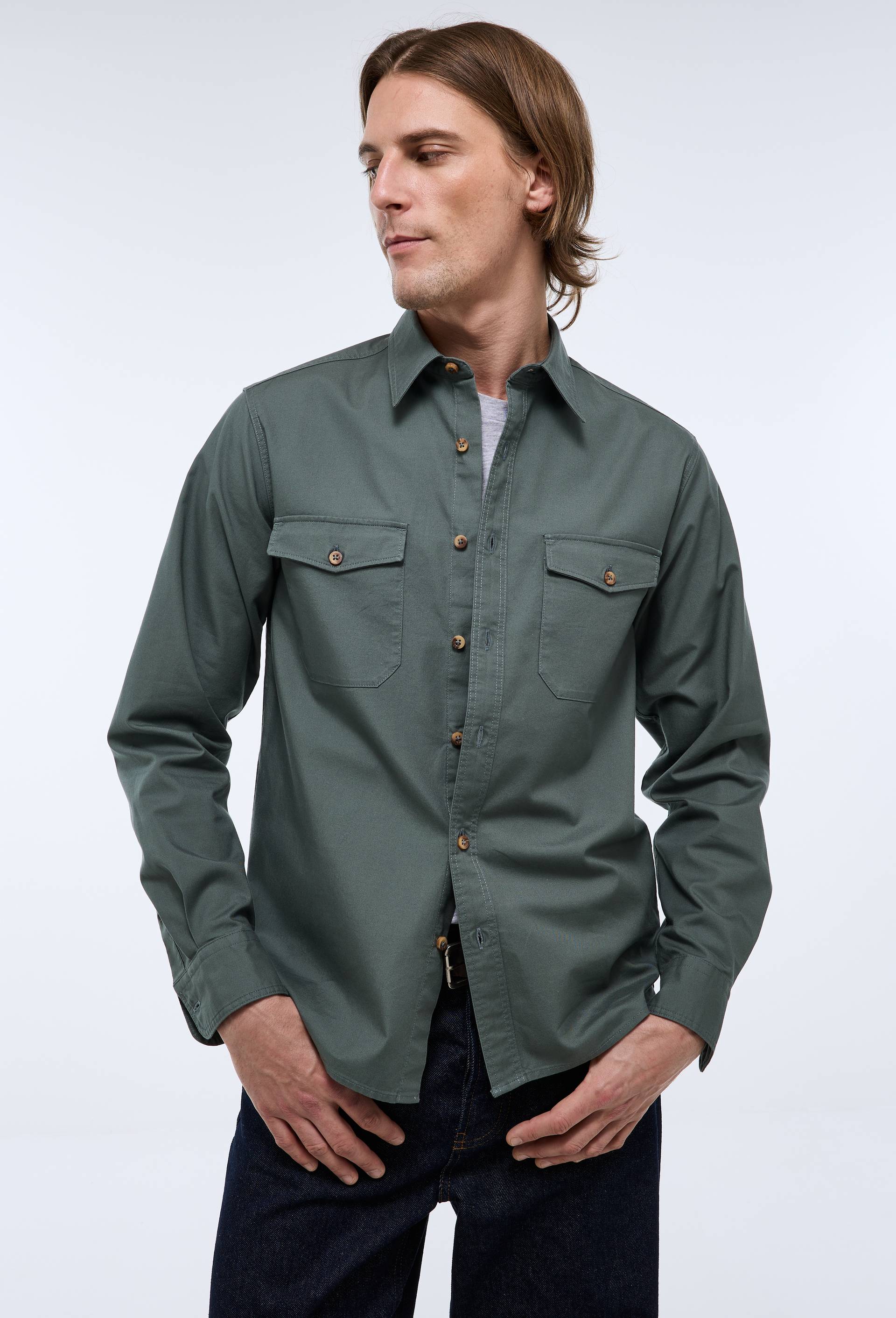 Chemise manches longues en coton bio GOTS, Vert fonc&eacute;, large image number 1