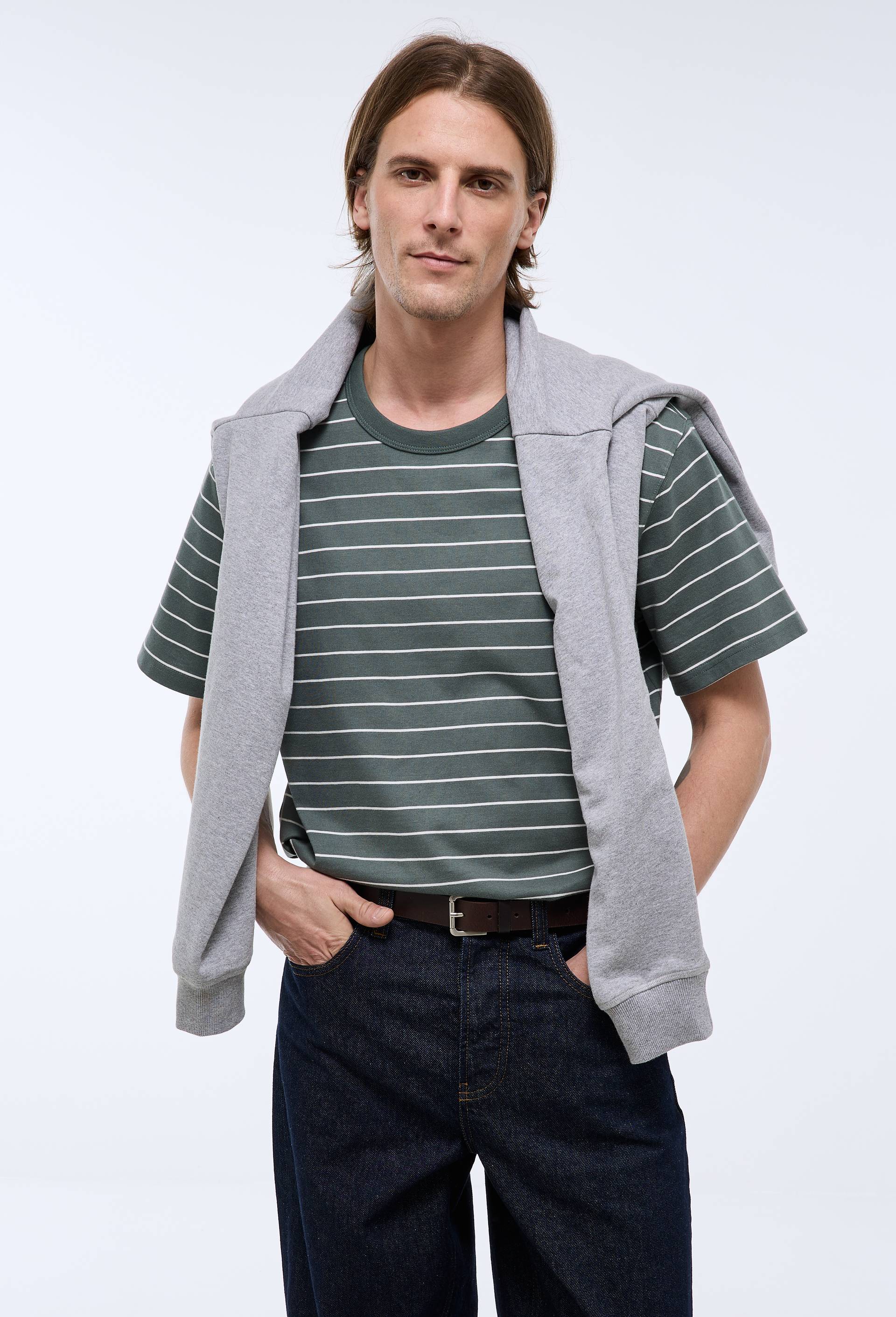 T-shirt manches courtes ray&eacute;s en coton bio GOTS, Vert fonc&eacute;, large image number 1