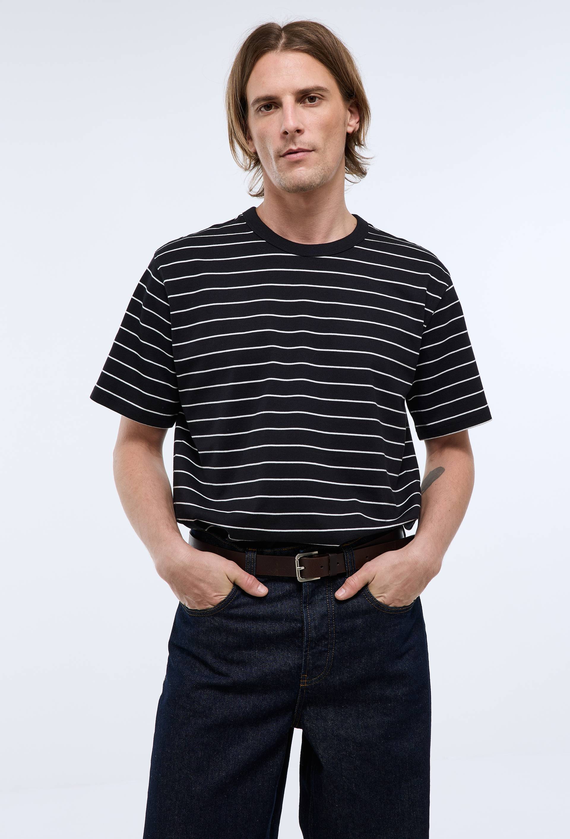 T-shirt manches courtes ray&eacute;s en coton bio GOTS, Noir, large image number 0