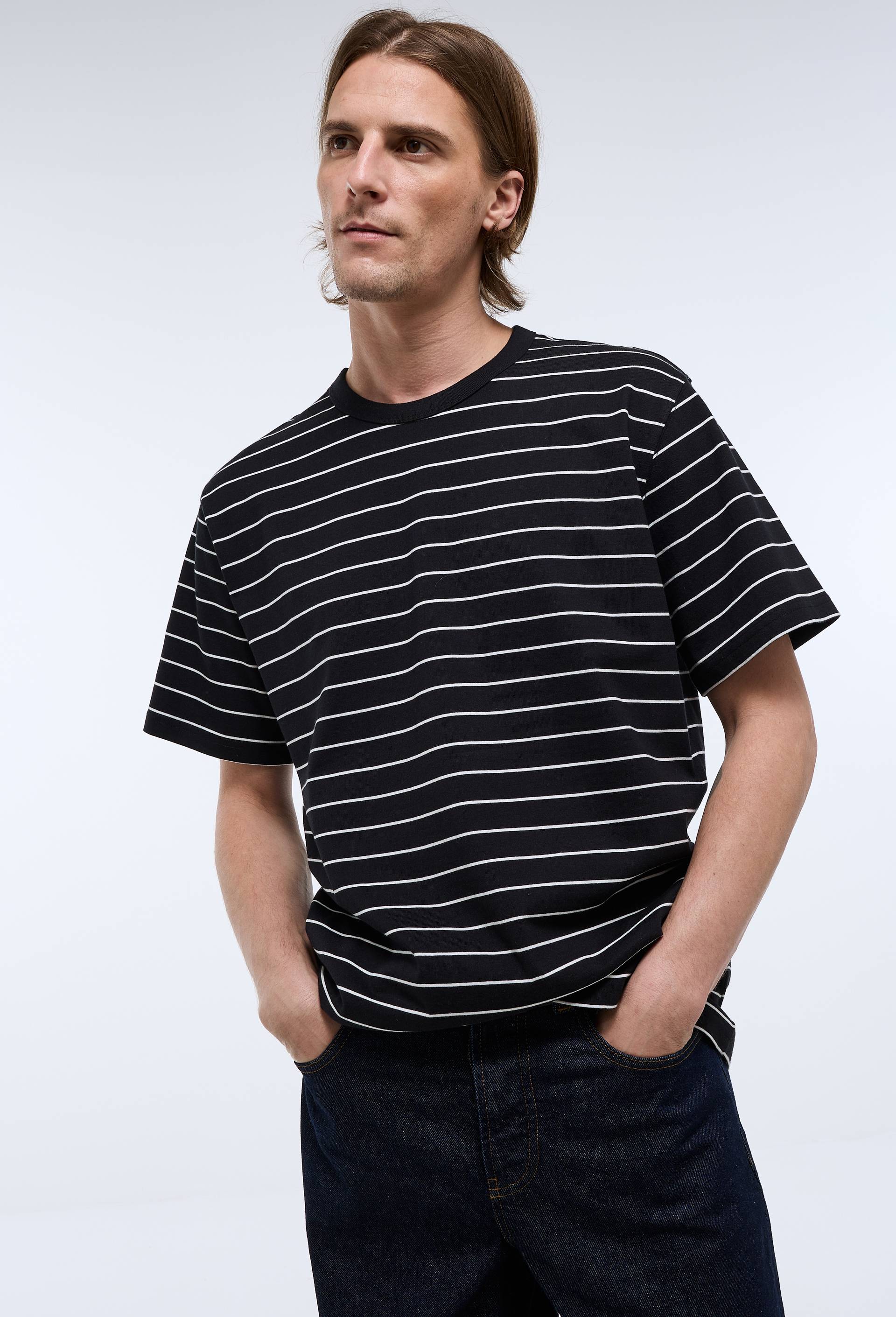 T-shirt manches courtes ray&eacute;s en coton bio GOTS, Noir, large image number 1