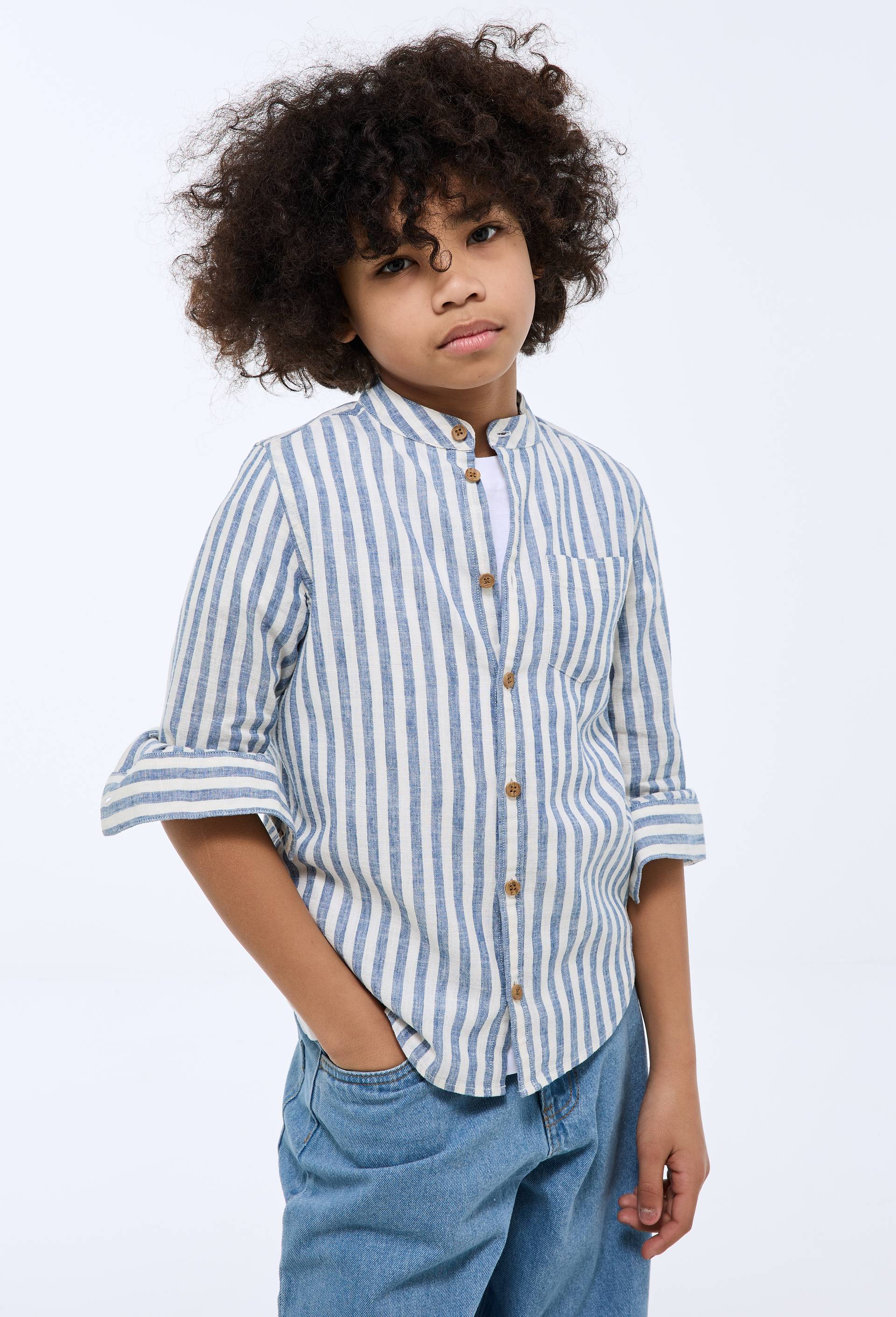 Chemise col mao ray&eacute;e en coton et lin, Bleu, large image number 0.0