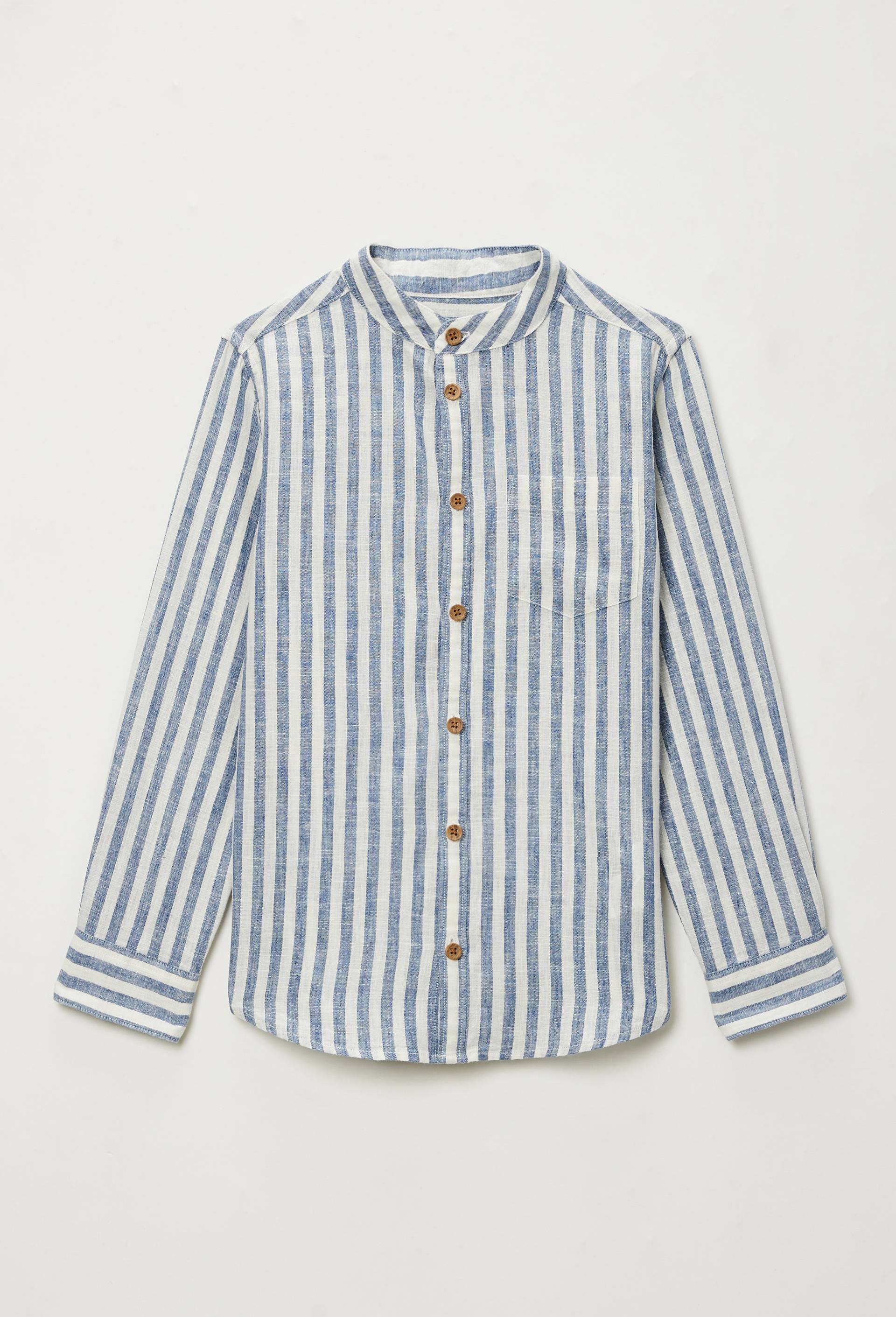 Chemise col mao ray&eacute;e en coton et lin, Bleu, large image number 1