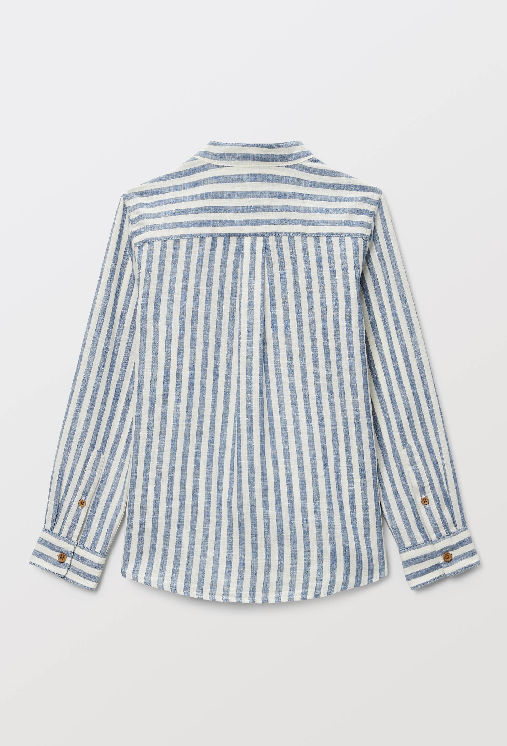 Chemise col mao ray&eacute;e en coton et lin, Bleu, large image number 2