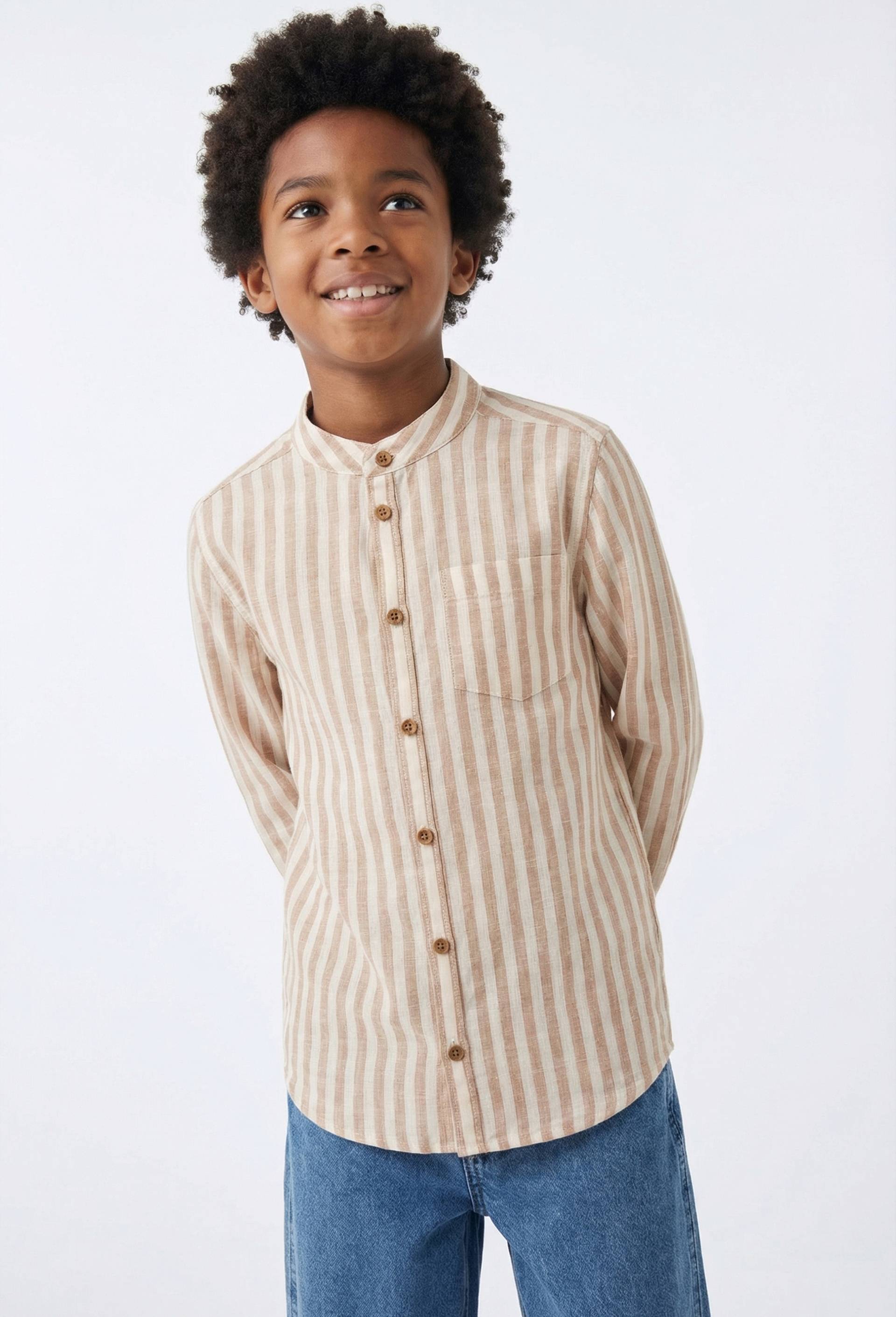 Chemise col mao ray&eacute;e en coton et lin, Brun clair, swatch image