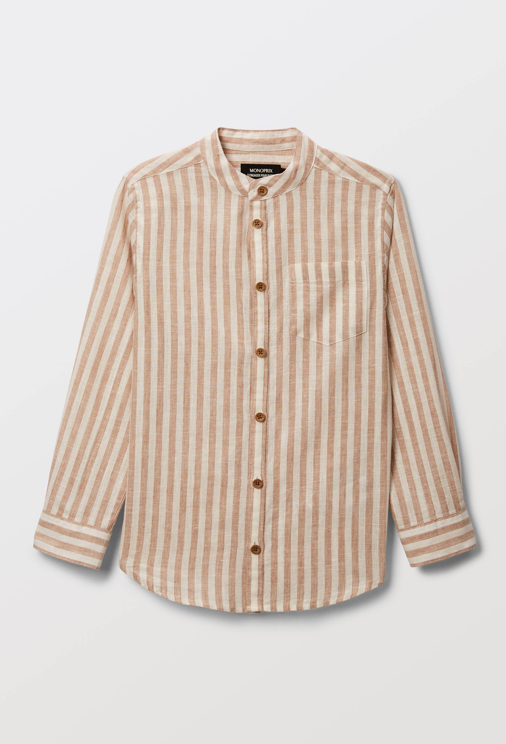 Chemise col mao ray&eacute;e en coton et lin, Brun clair, large image number 1.0