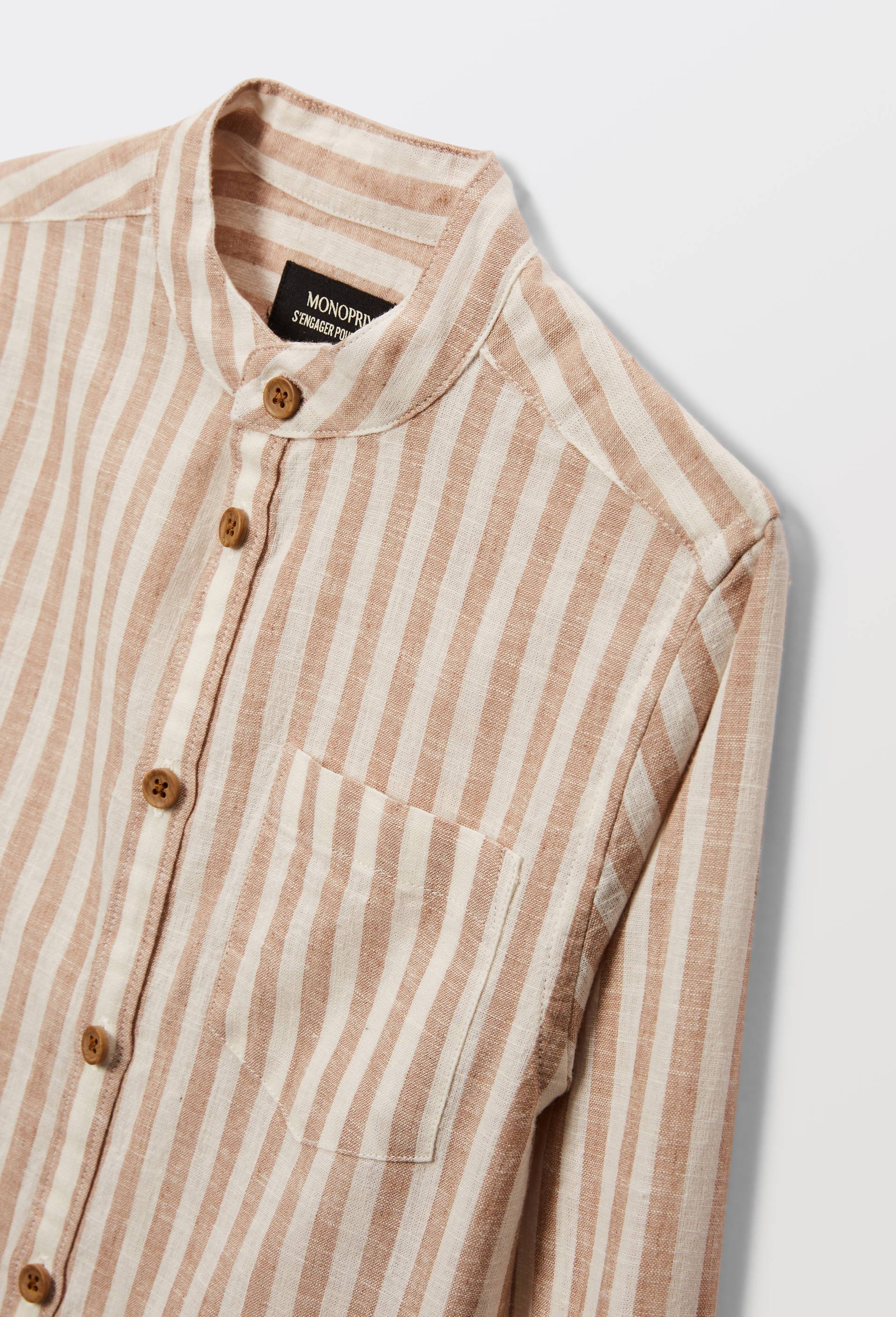 Chemise col mao ray&eacute;e en coton et lin, Brun clair, large image number 3