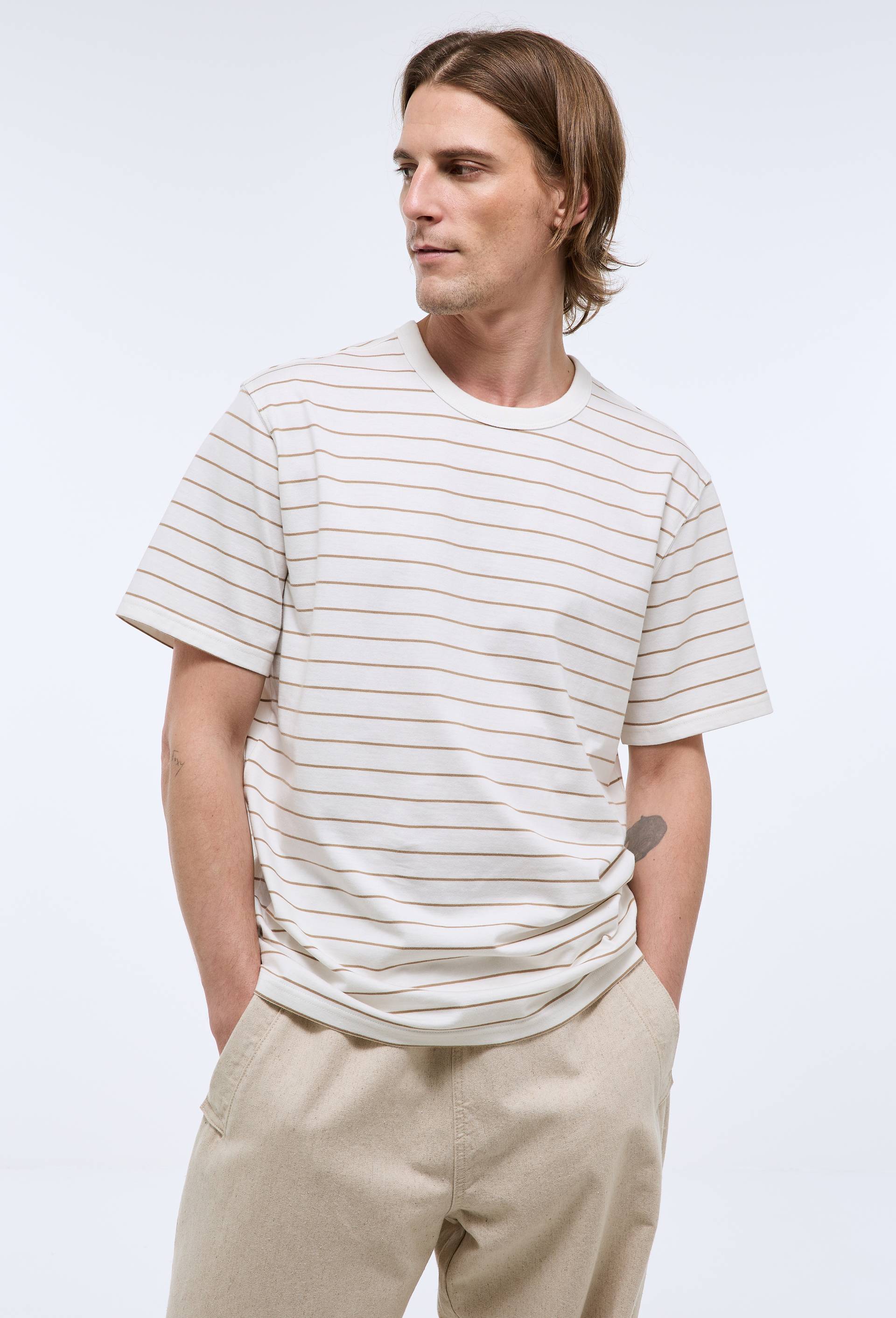 T-shirt manches courtes ray&eacute;s en coton bio GOTS, Ecru, large image number 0.0