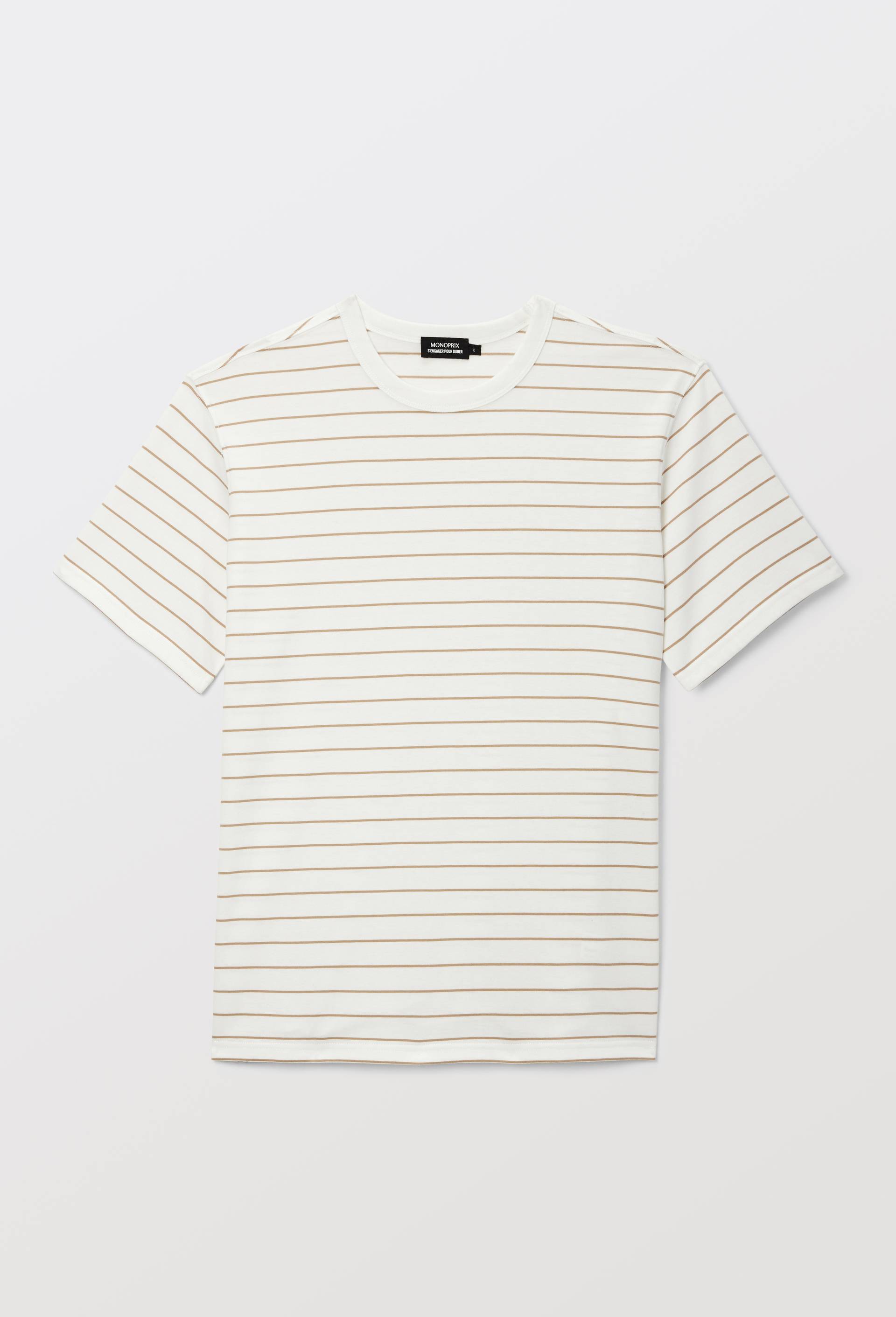T-shirt manches courtes ray&eacute;s en coton bio GOTS, Ecru, large image number 2.0