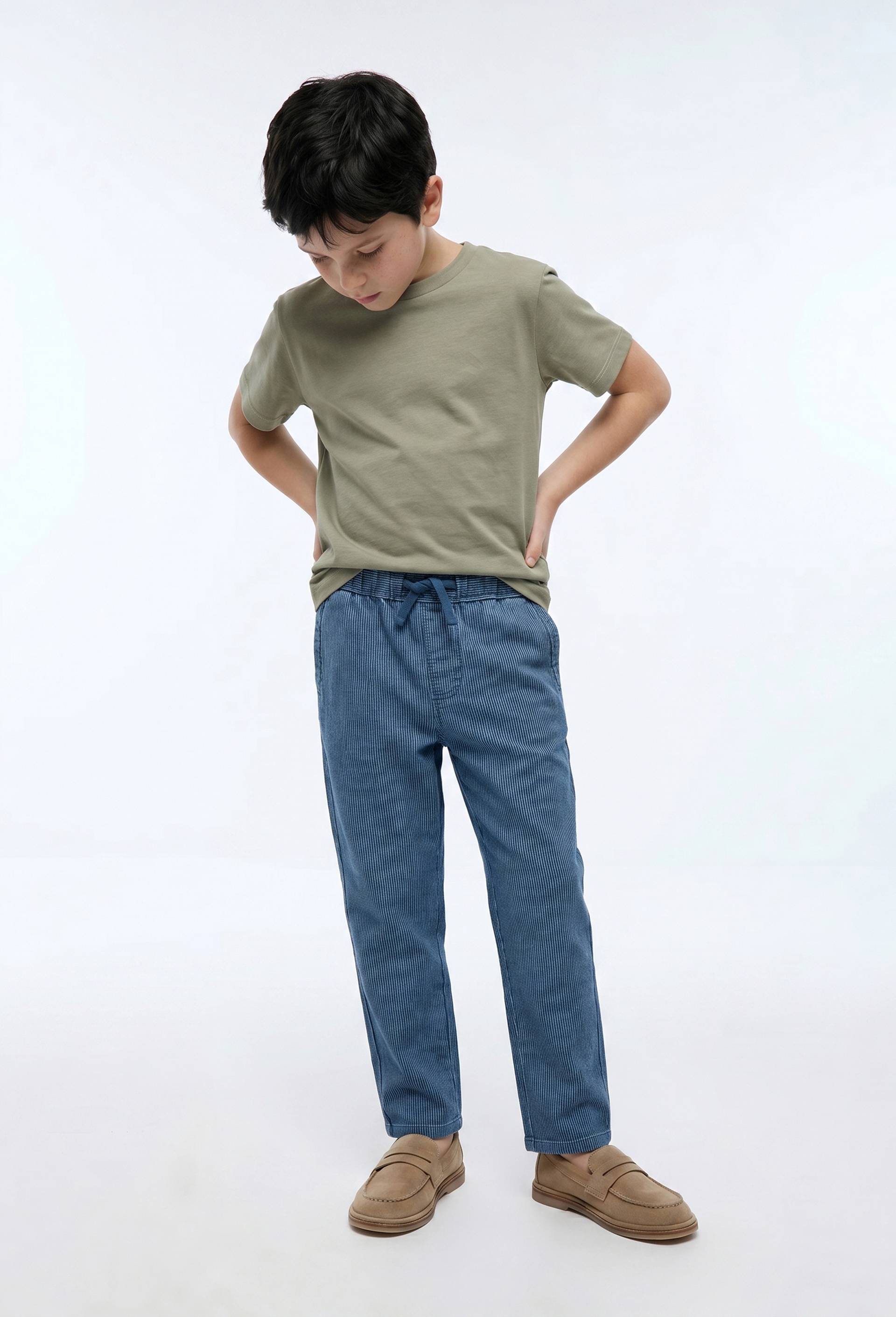 Pantalon droit &eacute;lastiqu&eacute; ray&eacute; en 100% coton, Bleu, large image number 0