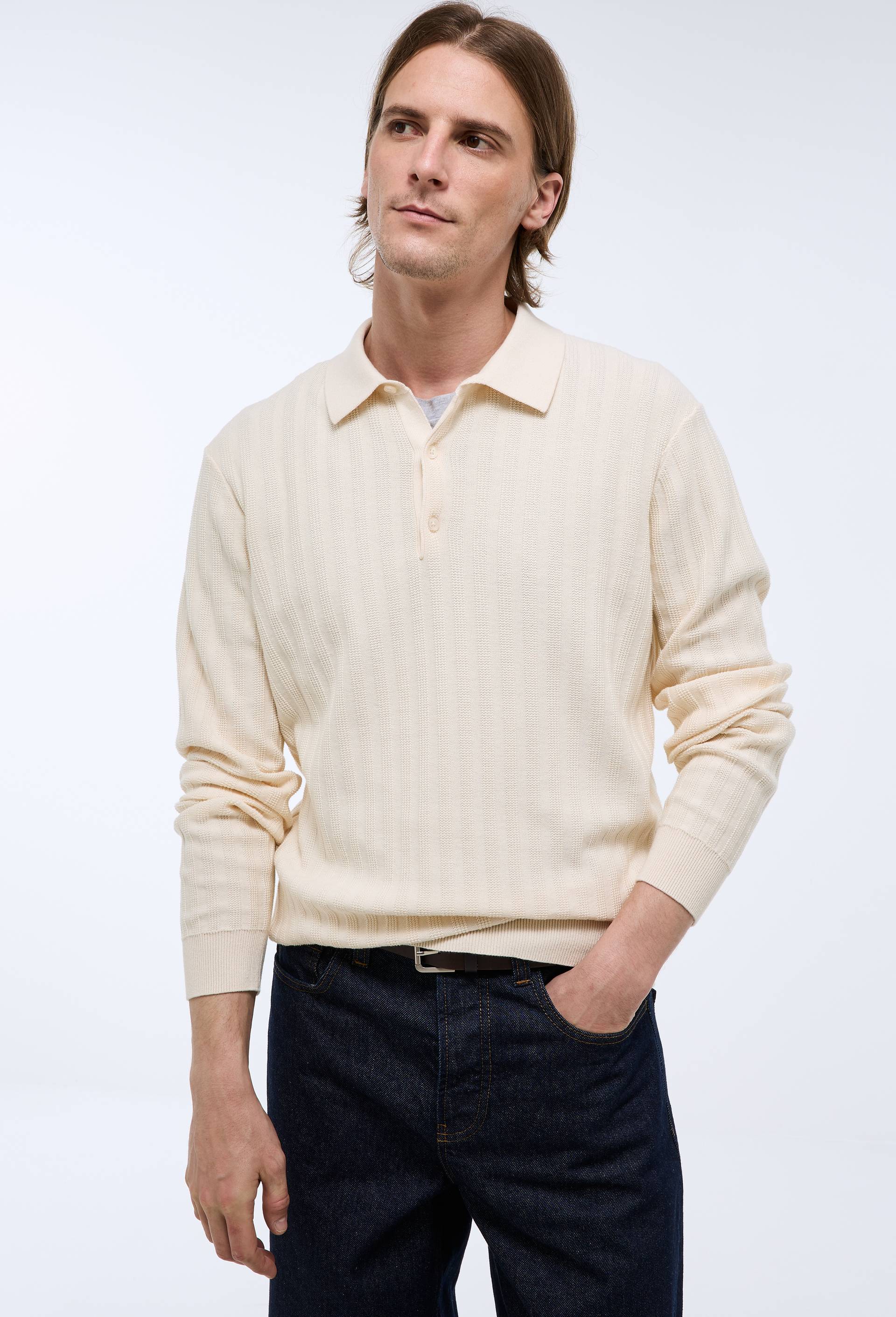 Pull col polo en coton bio GOTS, Ecru, large image number 0