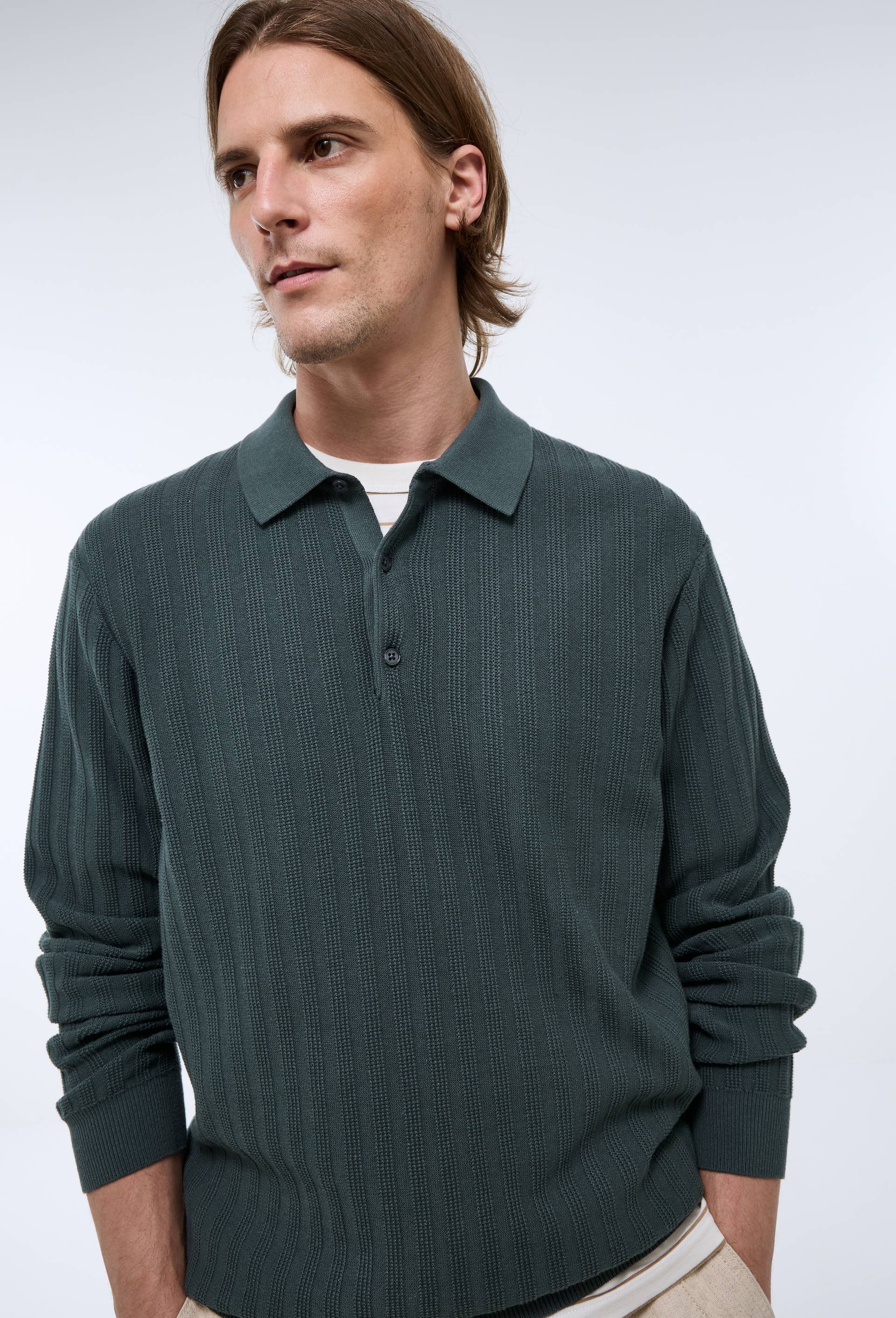 Pull col polo en coton bio GOTS, Vert fonc&eacute;, large image number 0