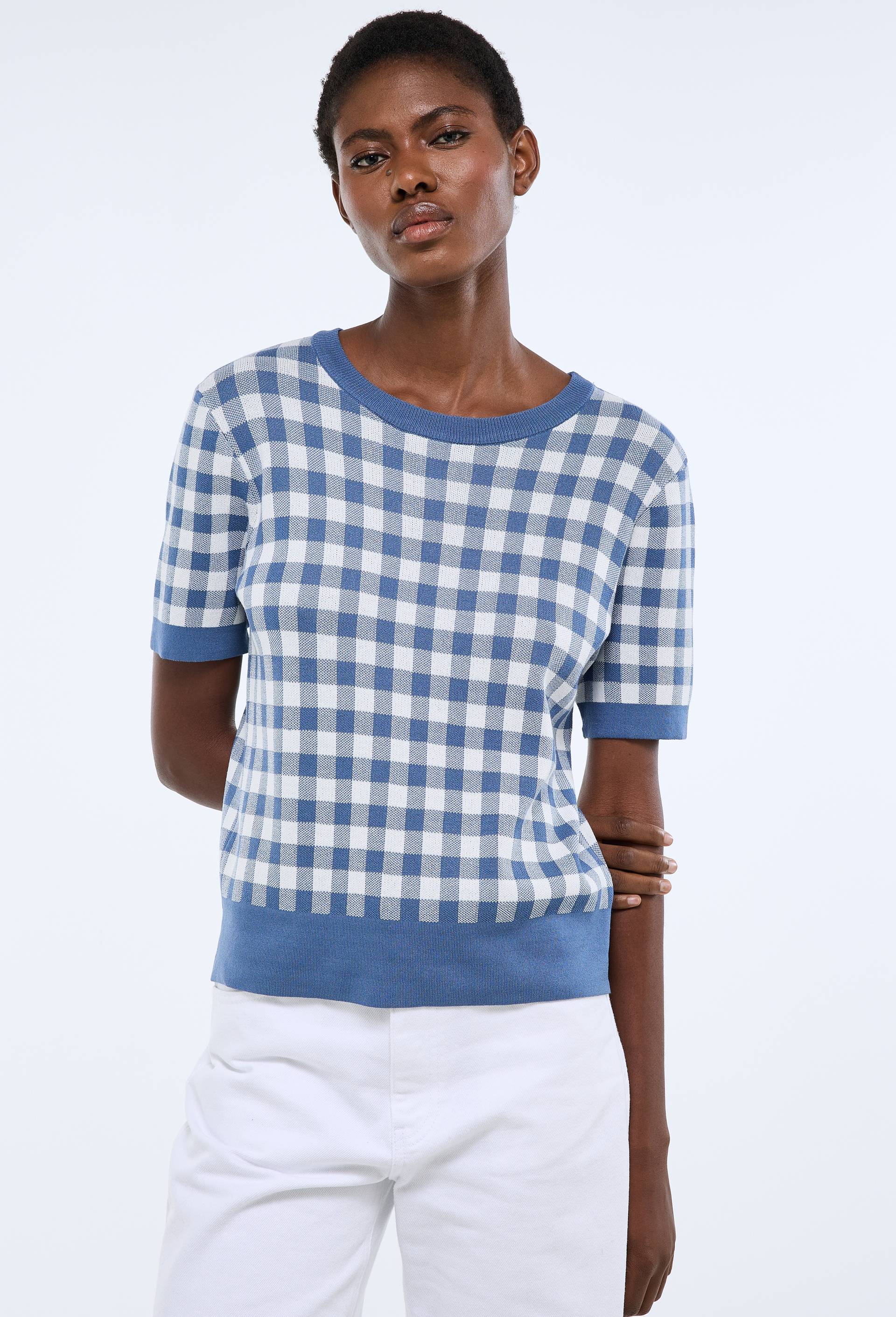 Pull manches courtes motif vichy, Bleu, large image number 0.0