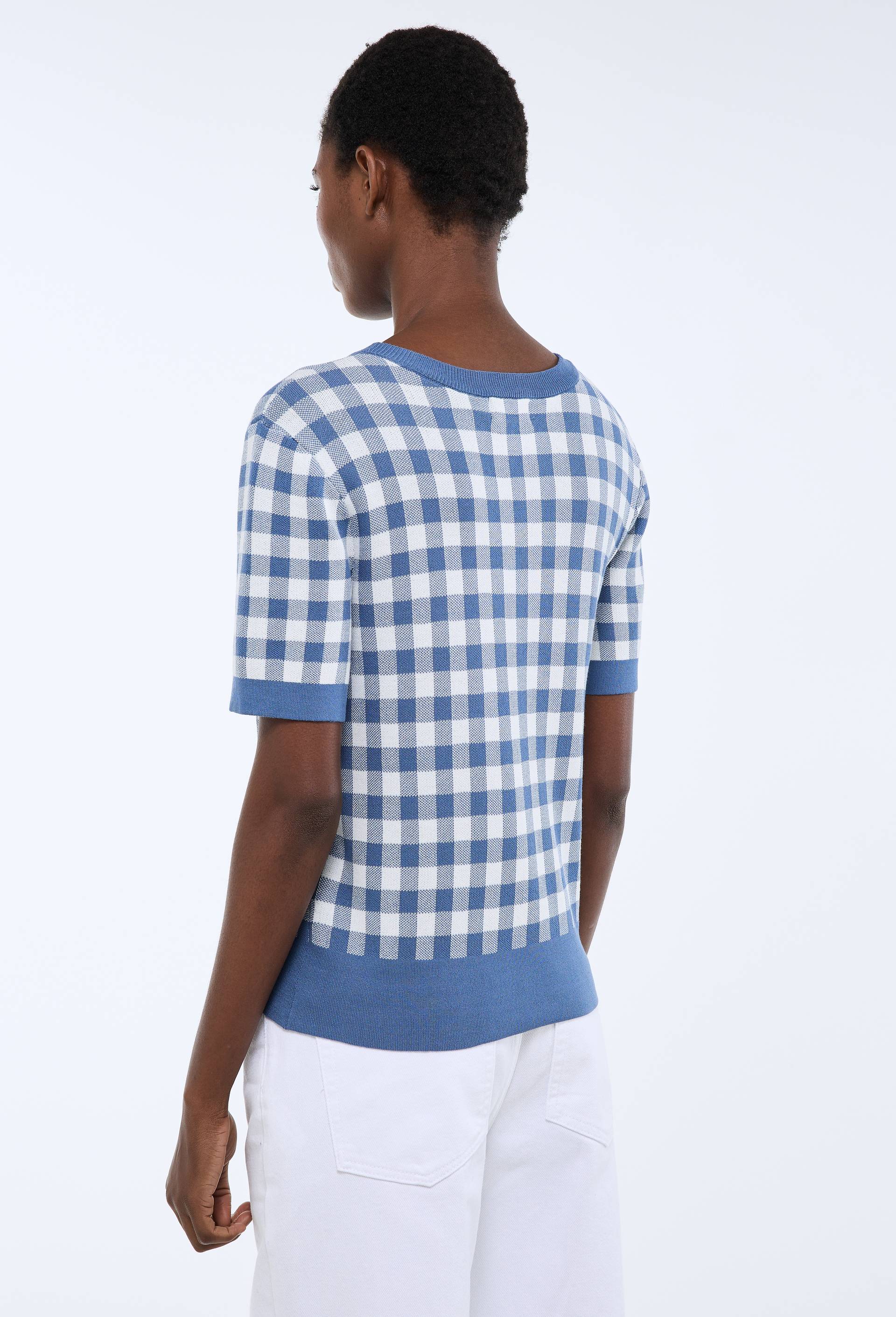 Pull manches courtes motif vichy, Bleu, large image number 1