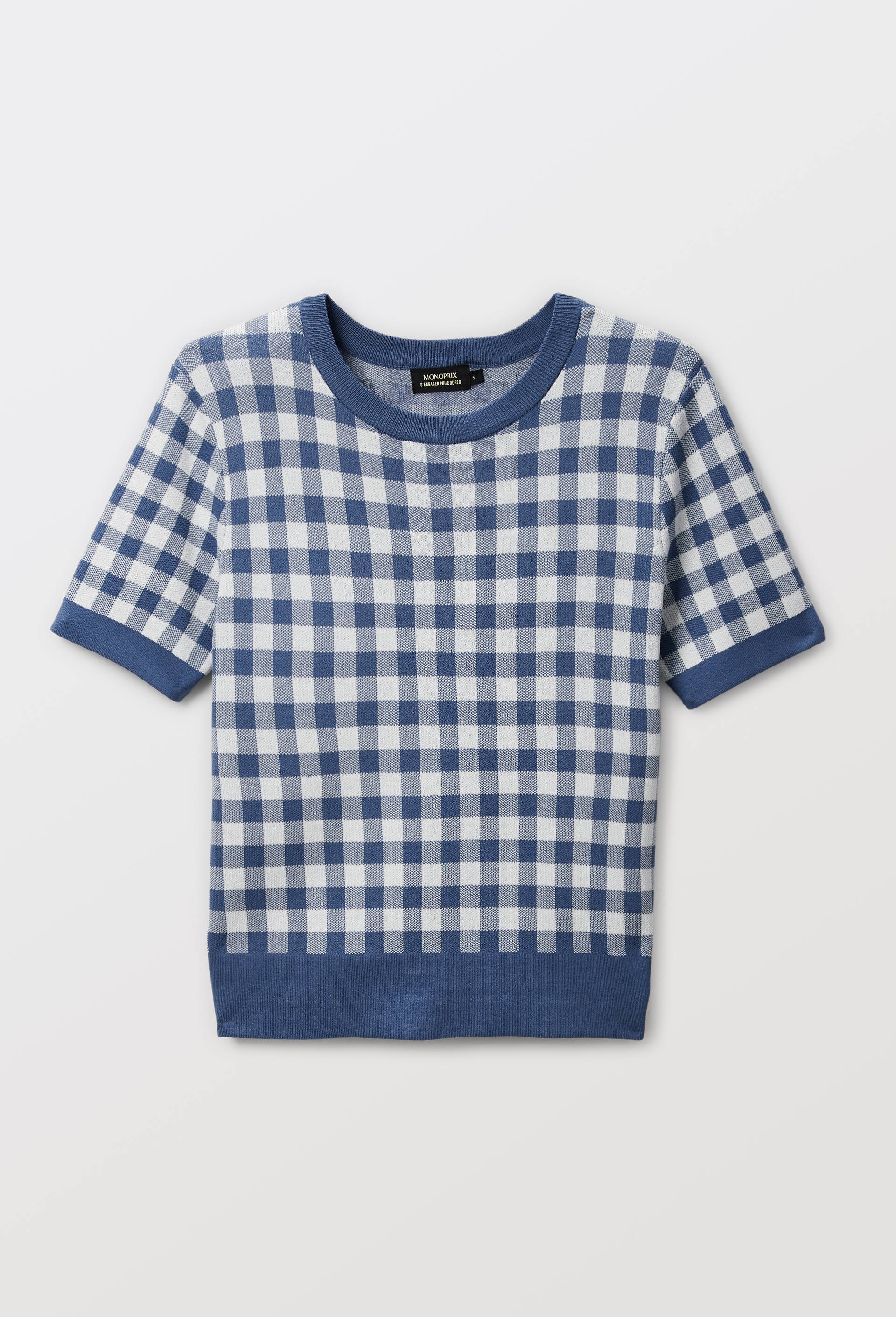 Pull manches courtes motif vichy, Bleu, large image number 2.0