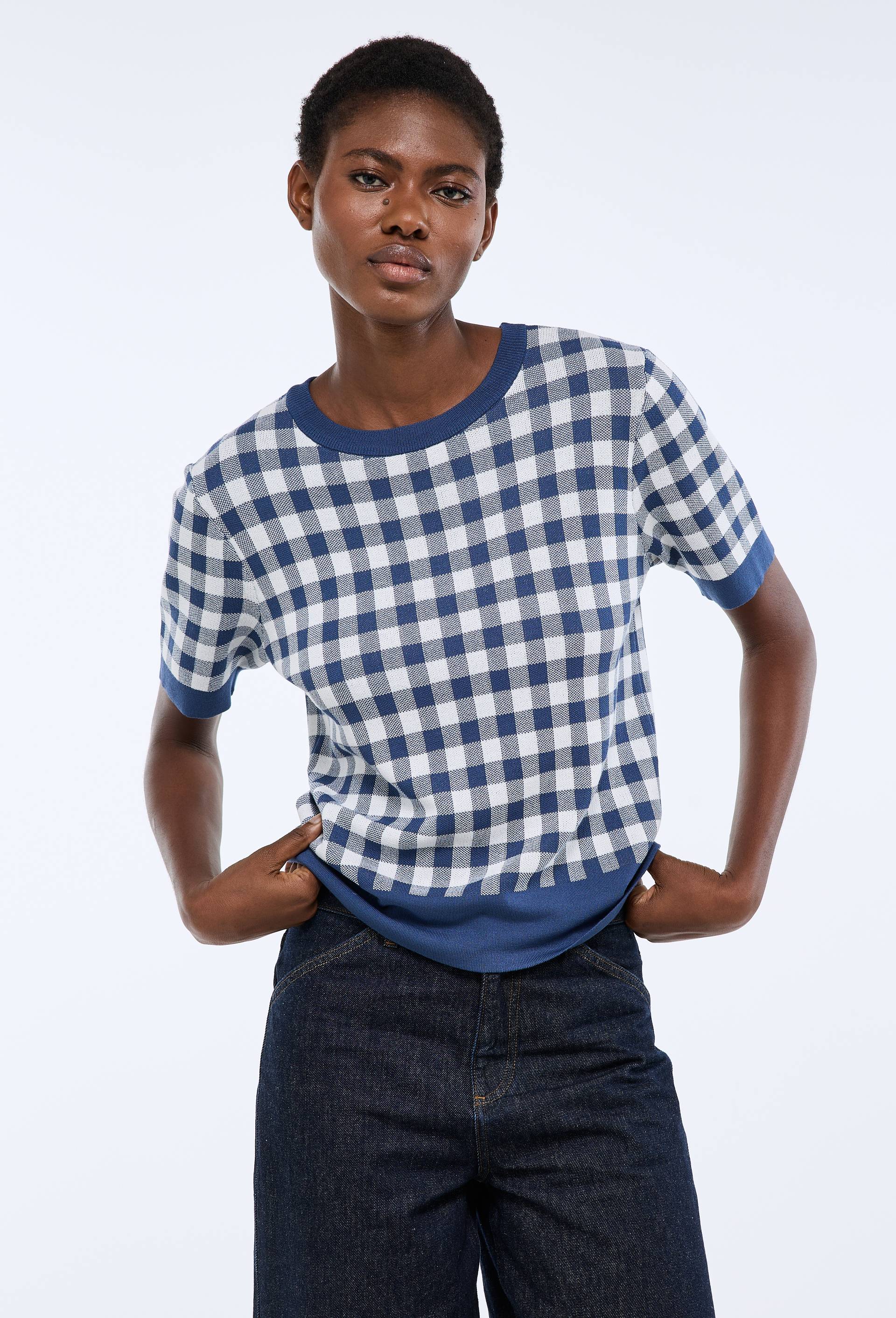 Pull manches courtes motif vichy, Bleu fonc&eacute;, large image number 0