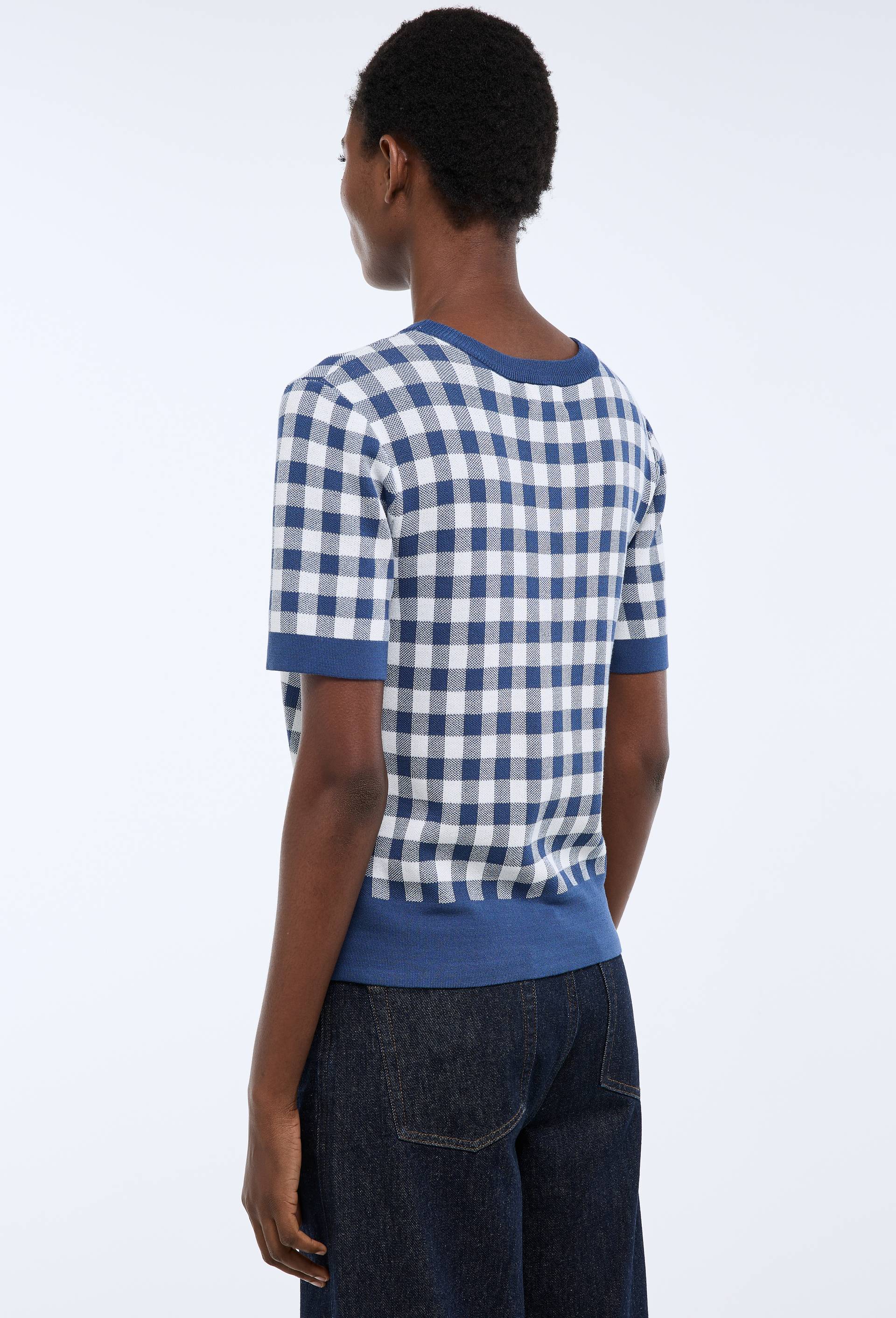Pull manches courtes motif vichy, Bleu fonc&eacute;, large image number 1.0