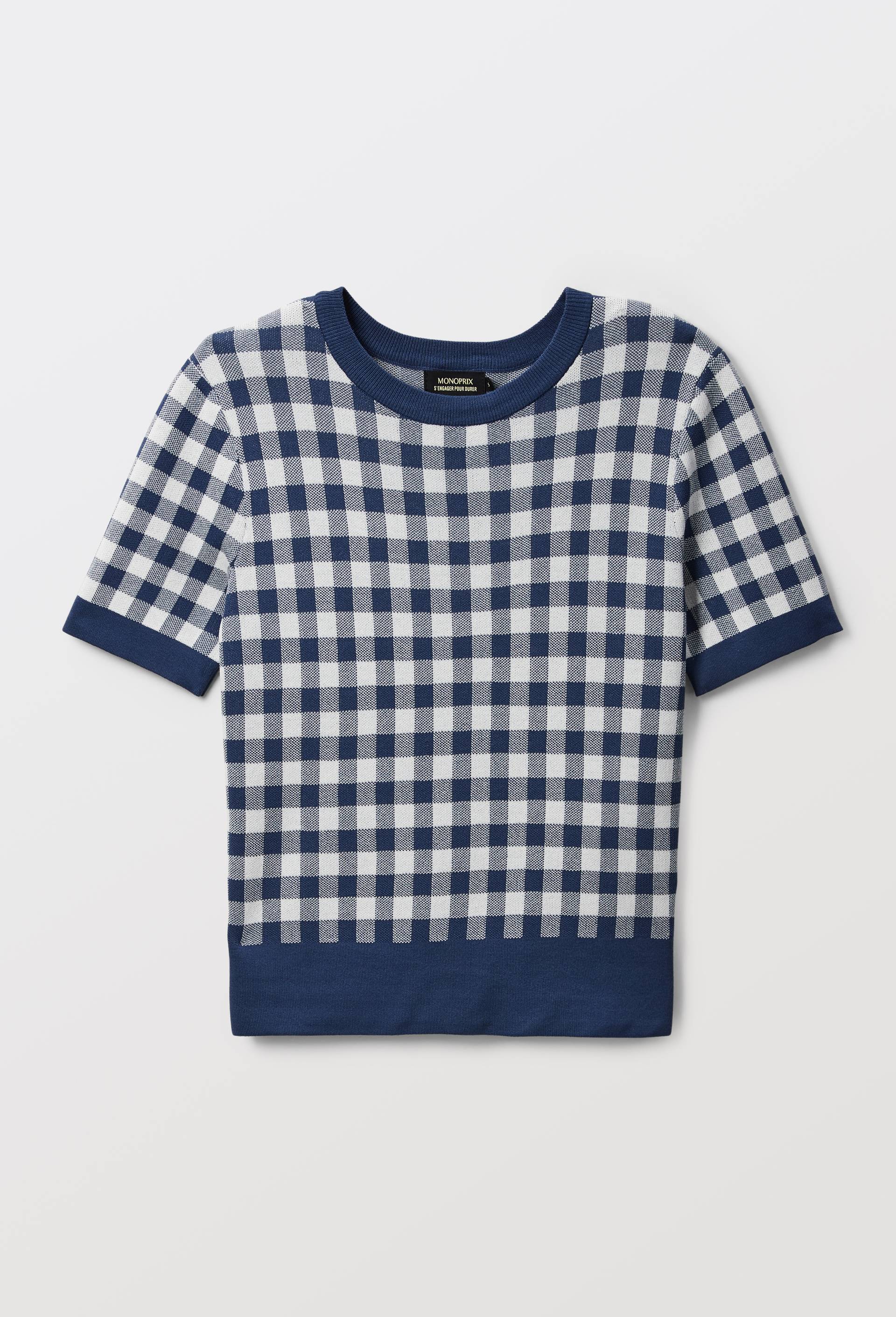 Pull manches courtes motif vichy, Bleu fonc&eacute;, large image number 2
