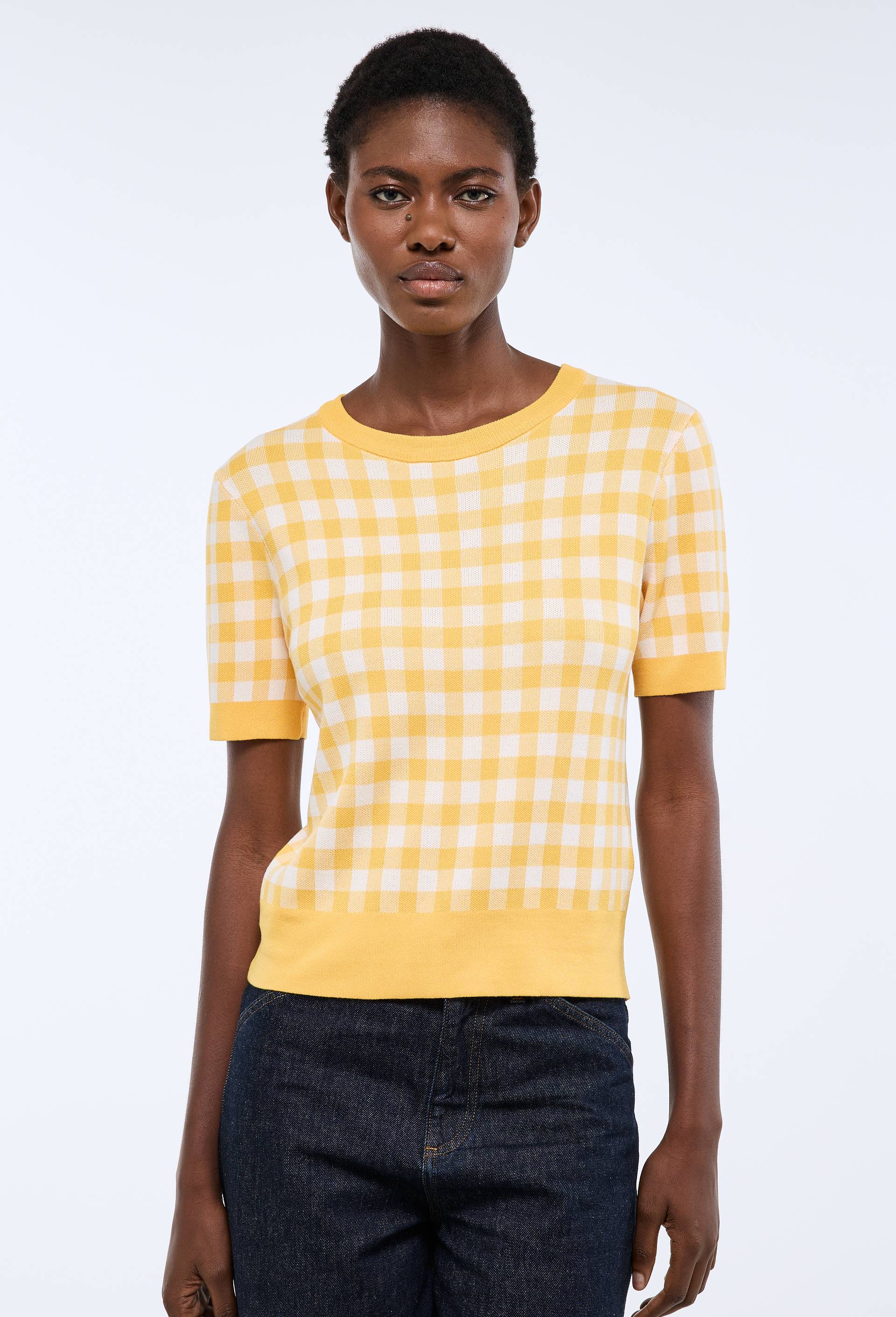 Pull manches courtes motif vichy, Jaune, large image number 0
