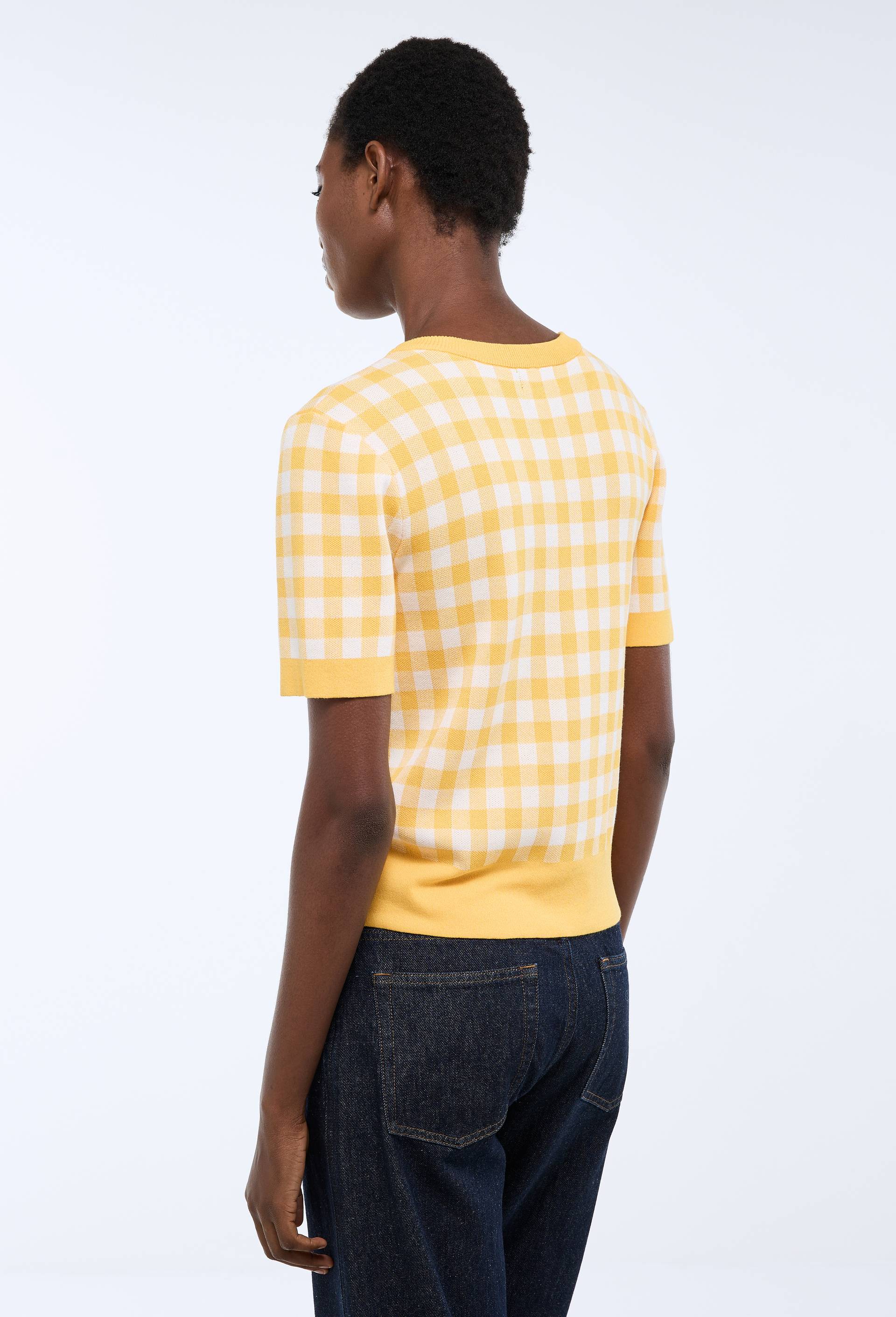 Pull manches courtes motif vichy, Jaune, large image number 1