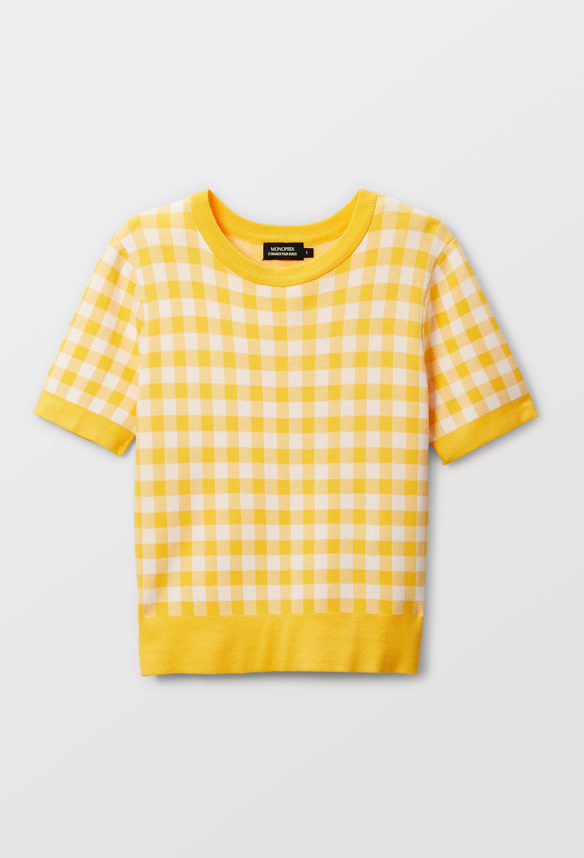 Pull manches courtes motif vichy, Jaune, large image number 2