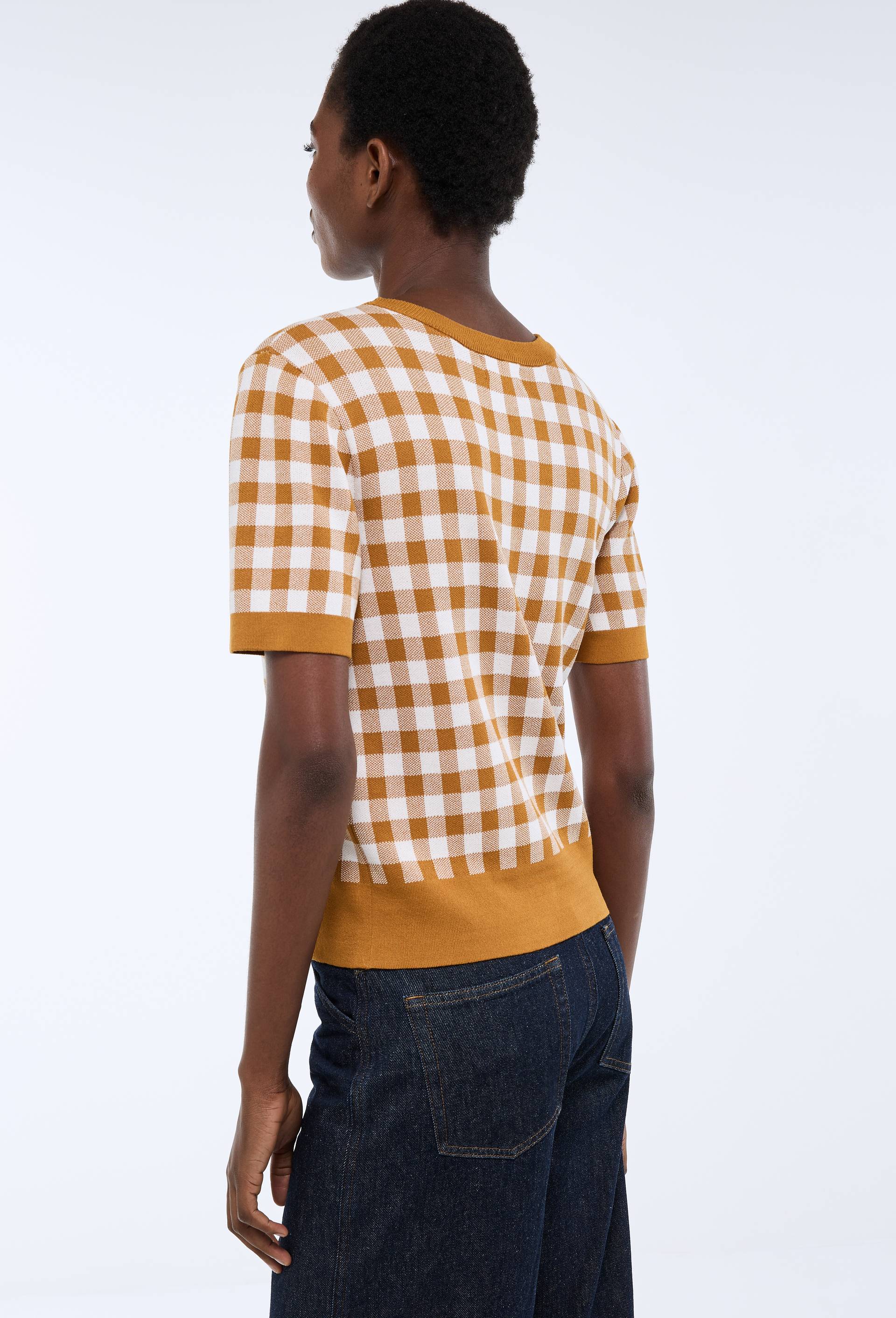 Pull manches courtes motif vichy, Brun clair, large image number 1.0
