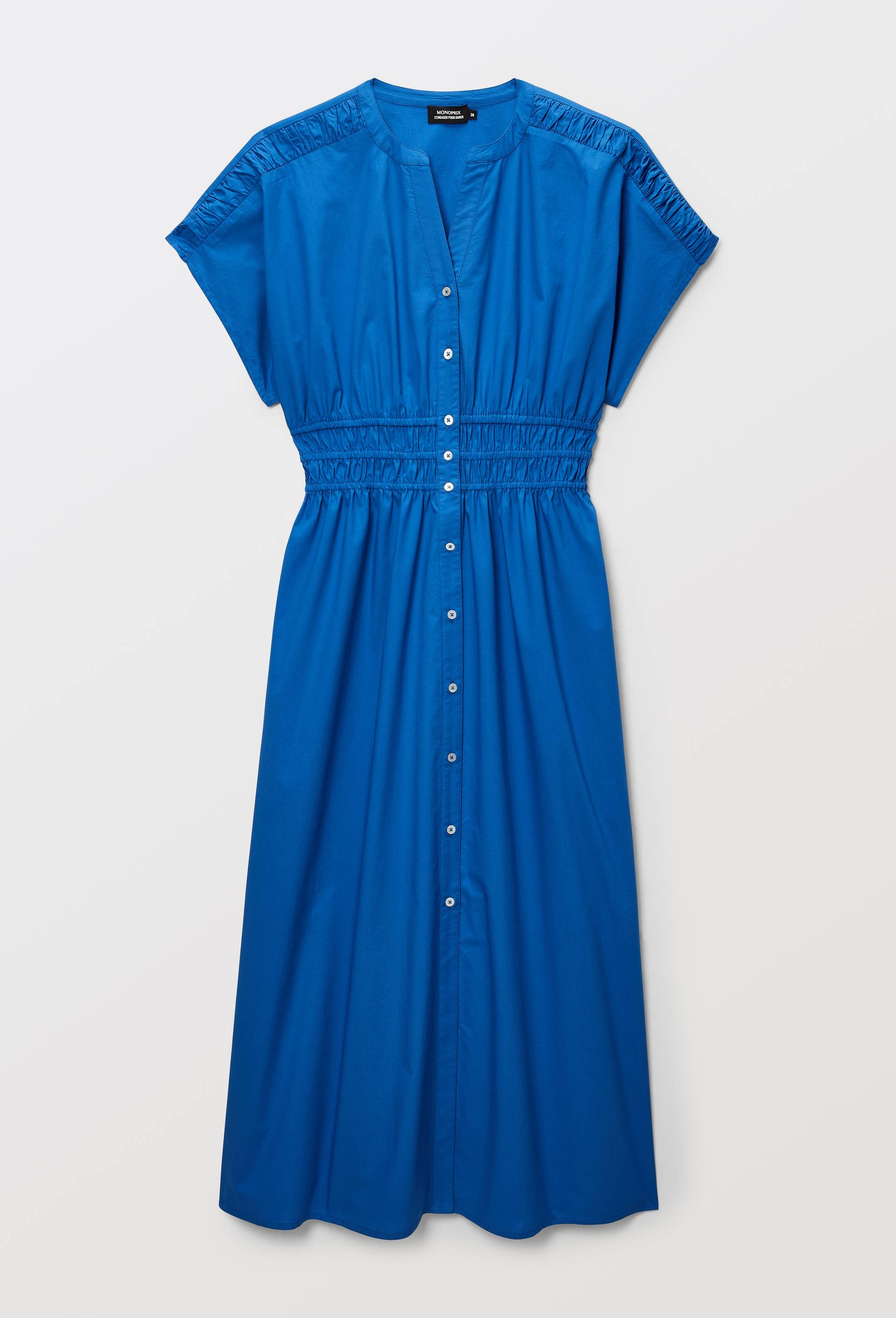 Robe midi cintr&eacute;e unie en popeline de coton, Bleu, large image number 4