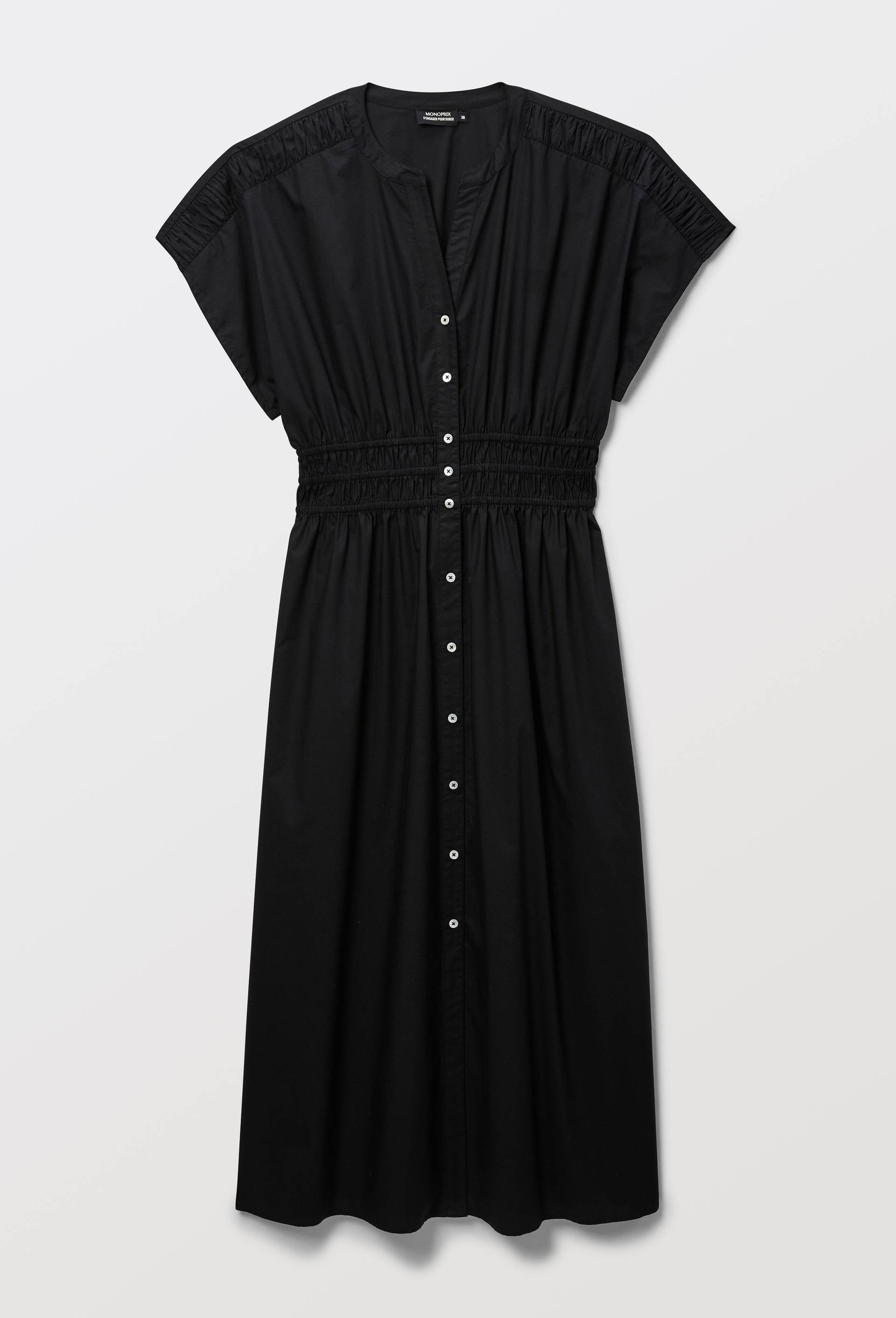 Robe midi cintr&eacute;e unie en popeline de coton, Noir, large image number 3.0
