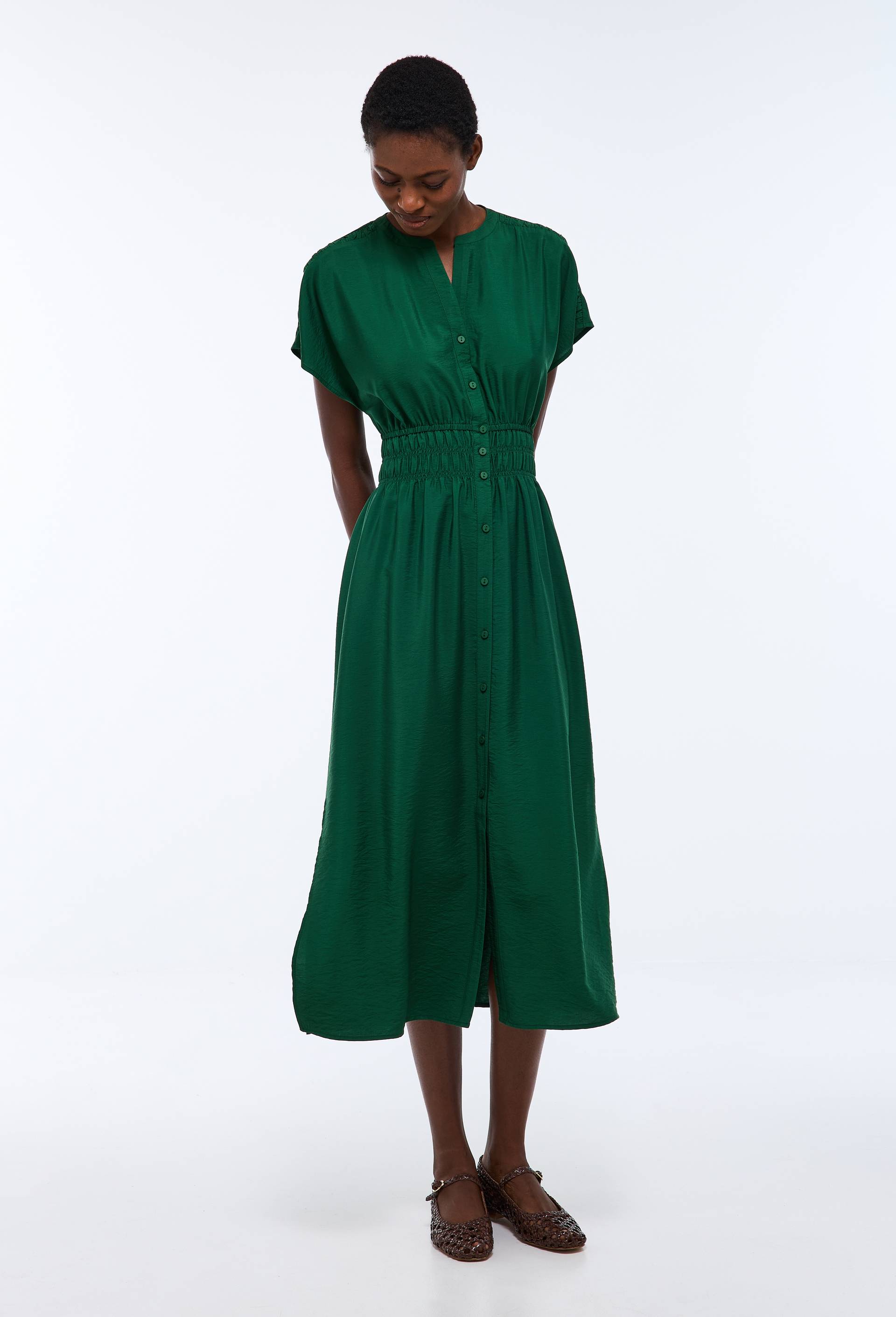 Robe midi cintr&eacute;e unie, Vert fonc&eacute;, large image number 0.0