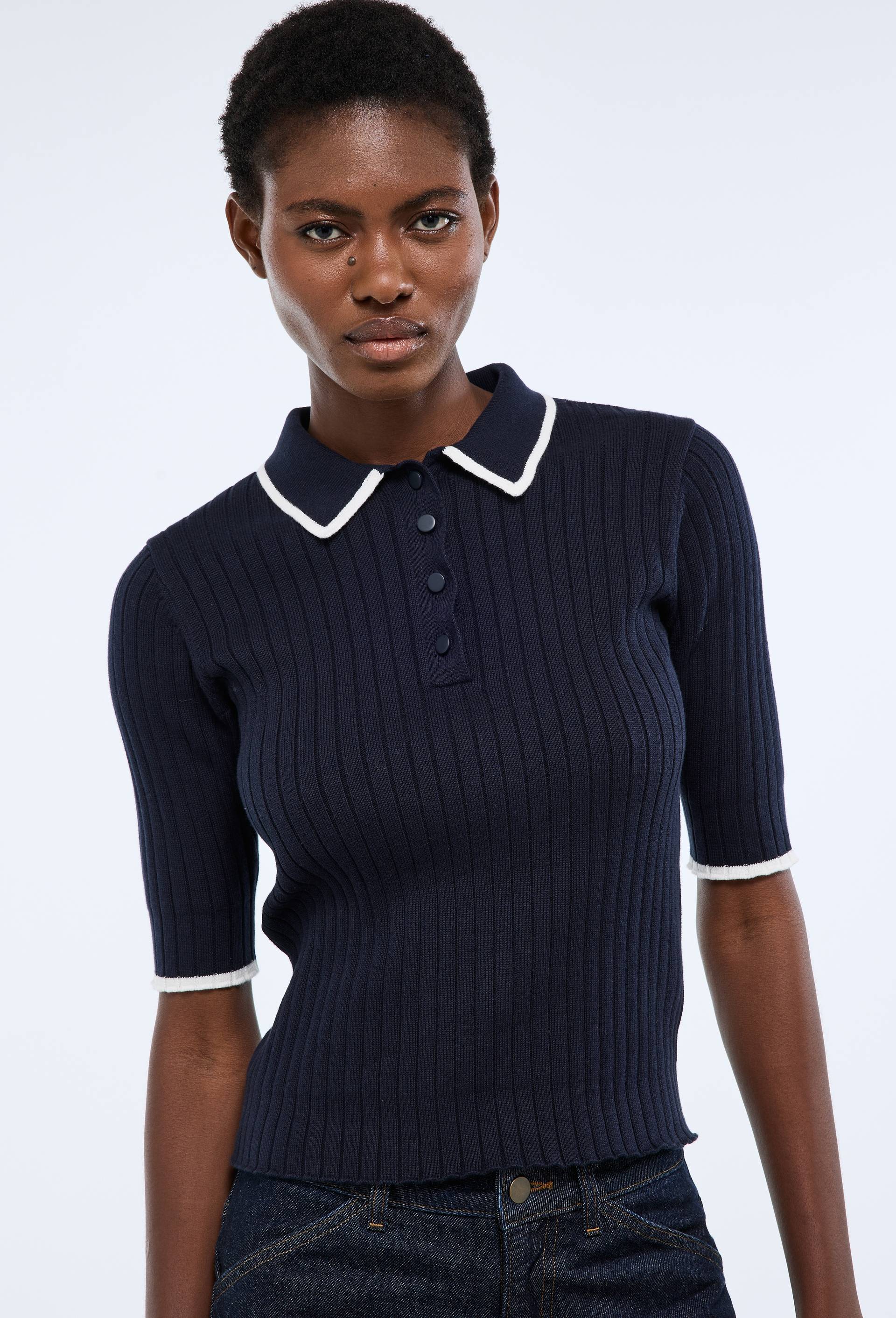Pull col polo boutonn&eacute; en coton certifi&eacute; GOTS, Oeko-Tex, Bleu fonc&eacute;, swatch image