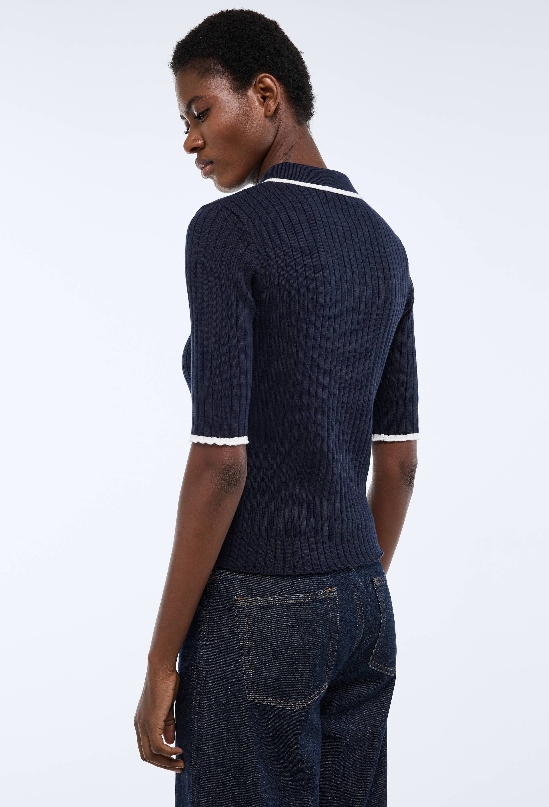 Pull col polo boutonn&eacute; en coton certifi&eacute; GOTS, Oeko-Tex, Bleu fonc&eacute;, large image number 1