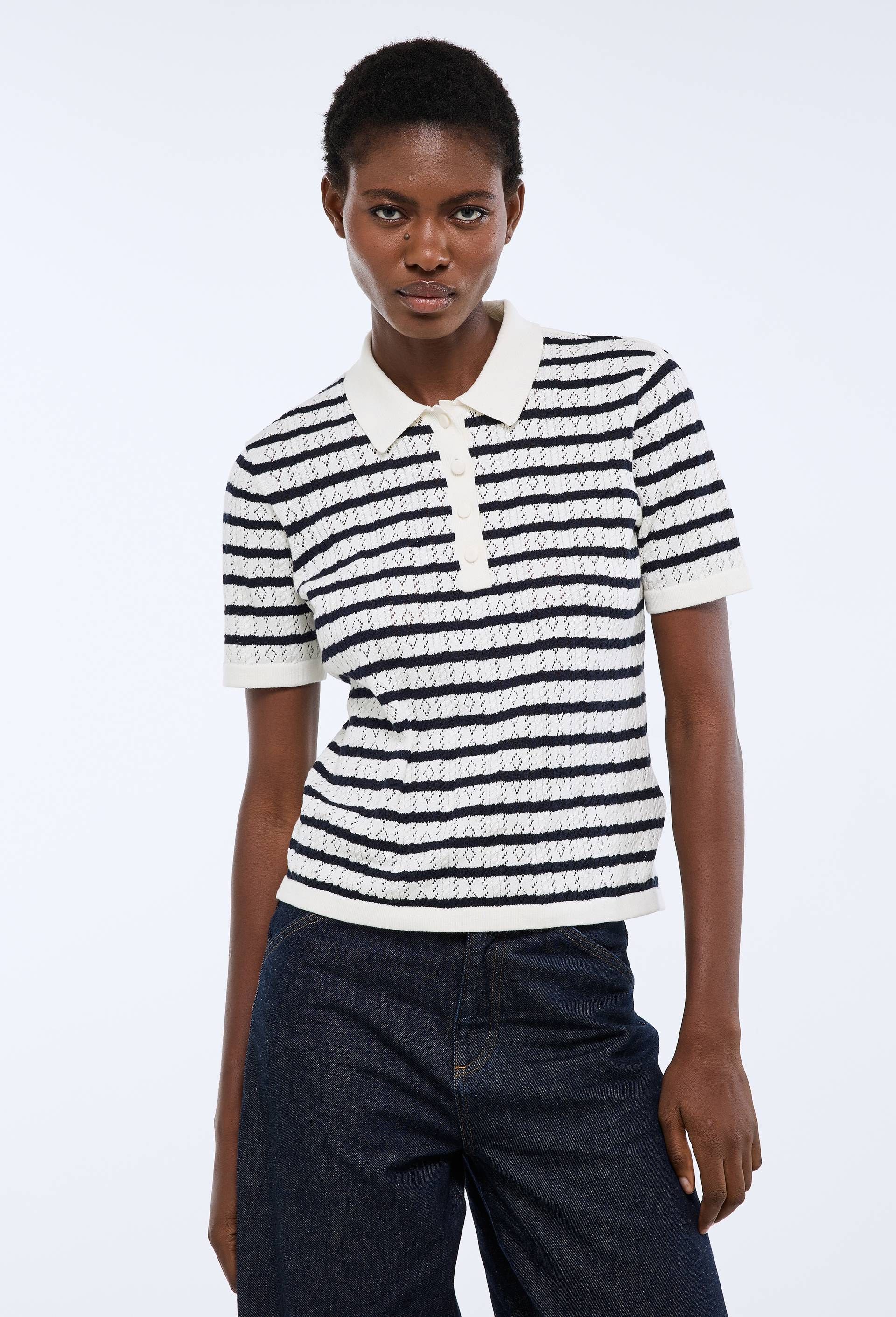 Polo ajour&eacute; raye en coton BIO GOTS, Ecru, large image number 0.0