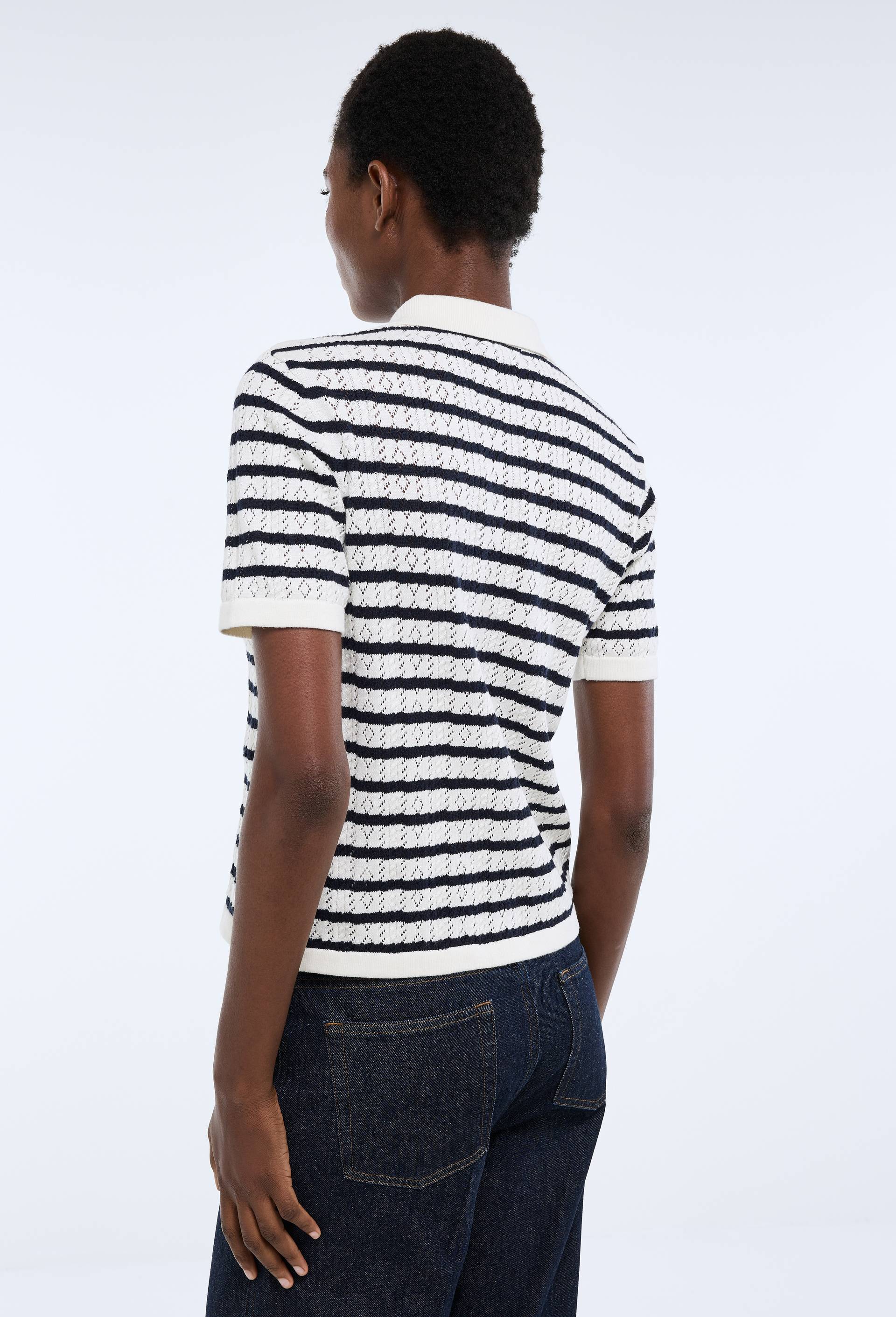 Polo ajour&eacute; raye en coton BIO GOTS, Ecru, large image number 1
