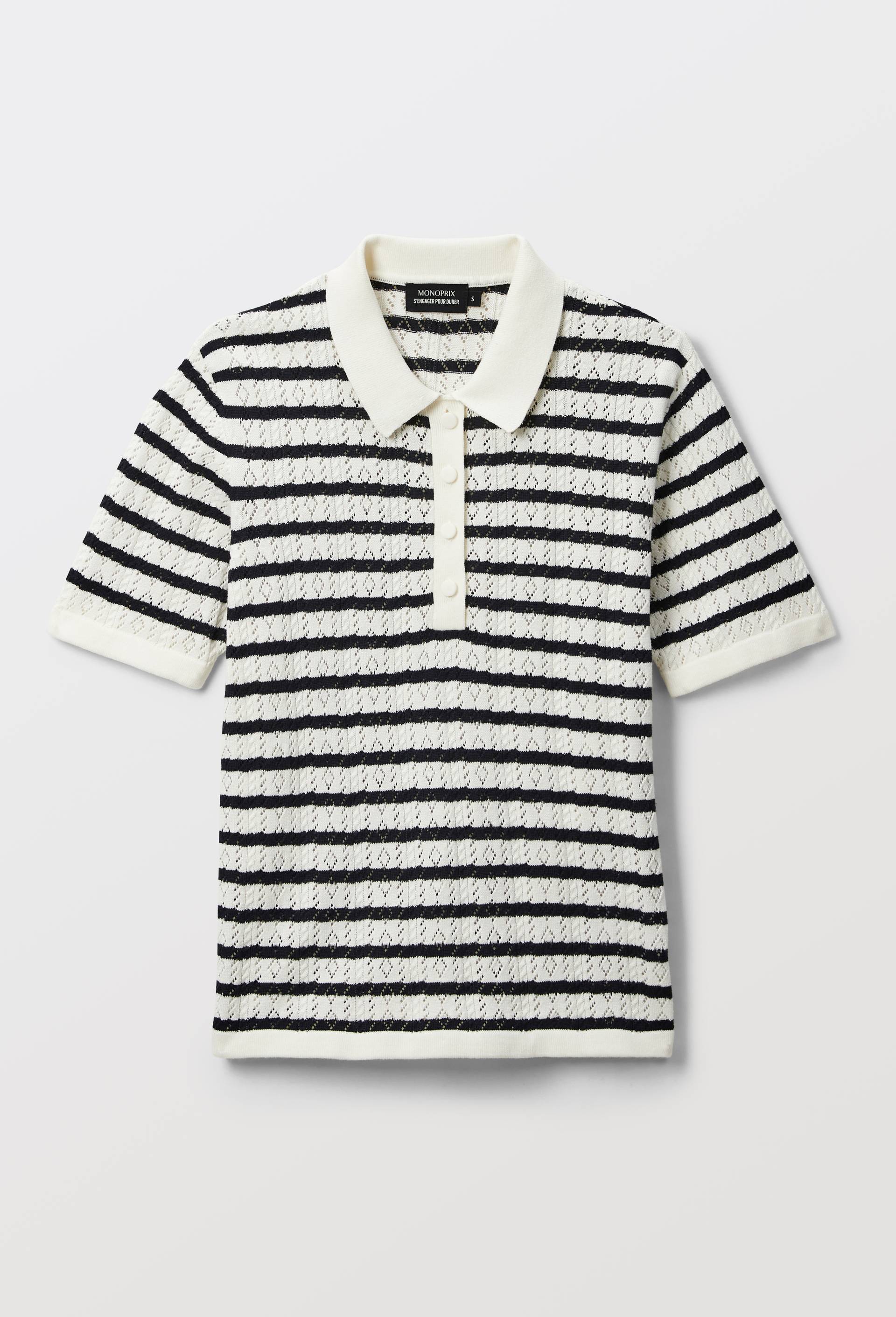 Polo ajour&eacute; raye en coton BIO GOTS, Ecru, large image number 2