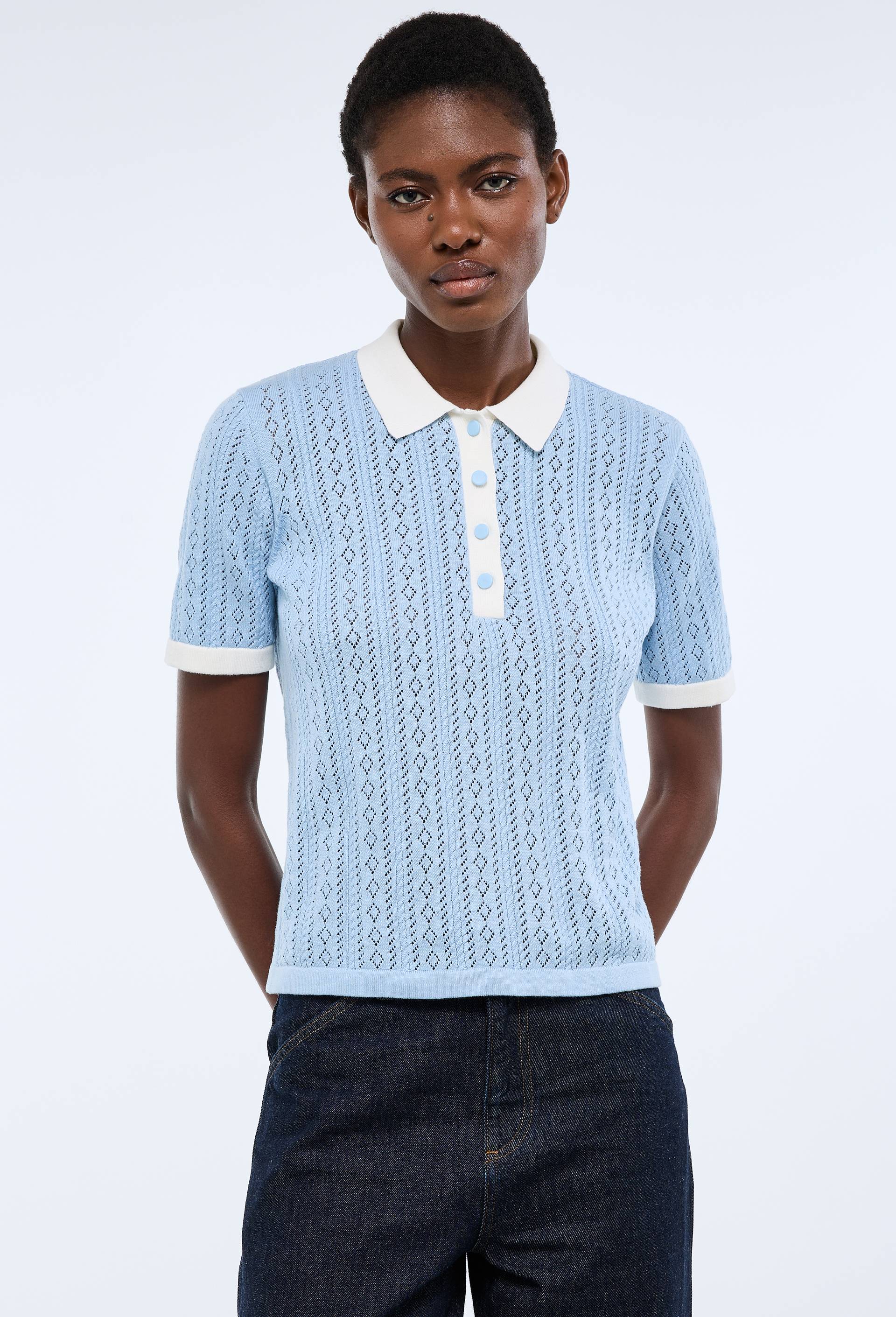 Polo ajour&eacute; bicolores en coton BIO, Bleu, swatch image