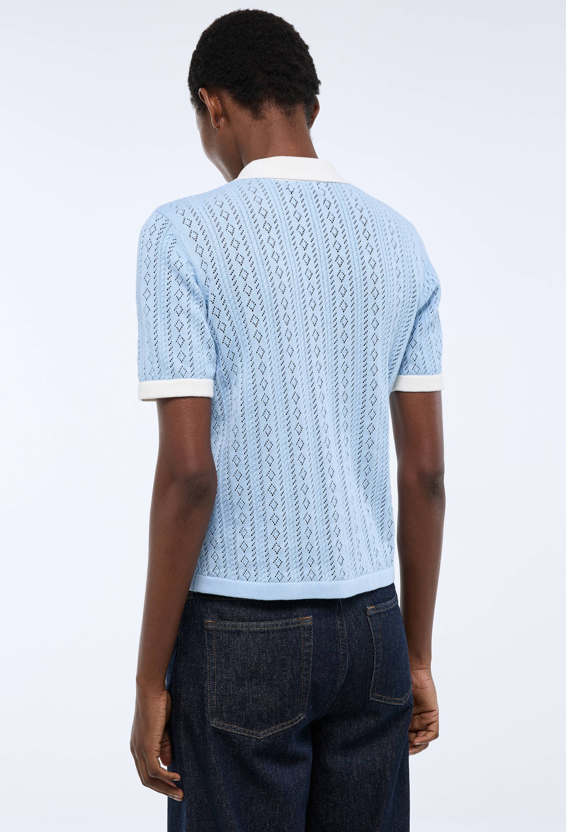 Polo ajour&eacute; bicolores en coton BIO, Bleu, large image number 1