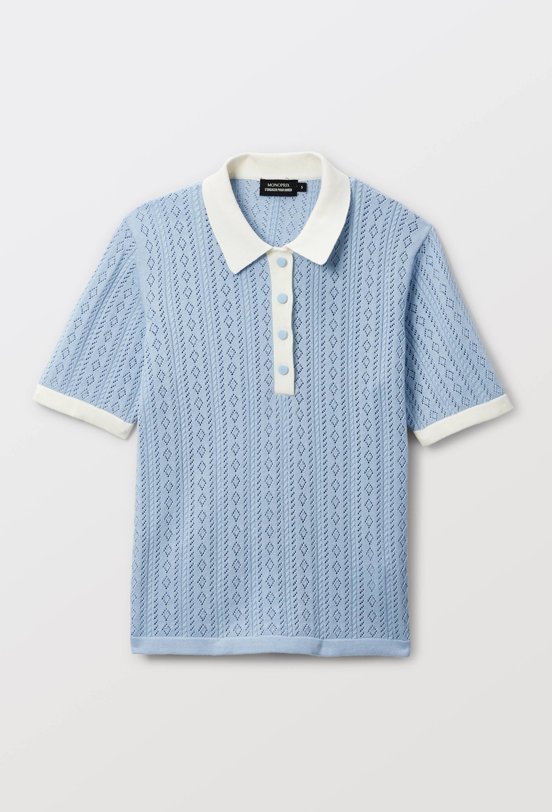 Polo ajour&eacute; bicolores en coton BIO, Bleu, large image number 2.0