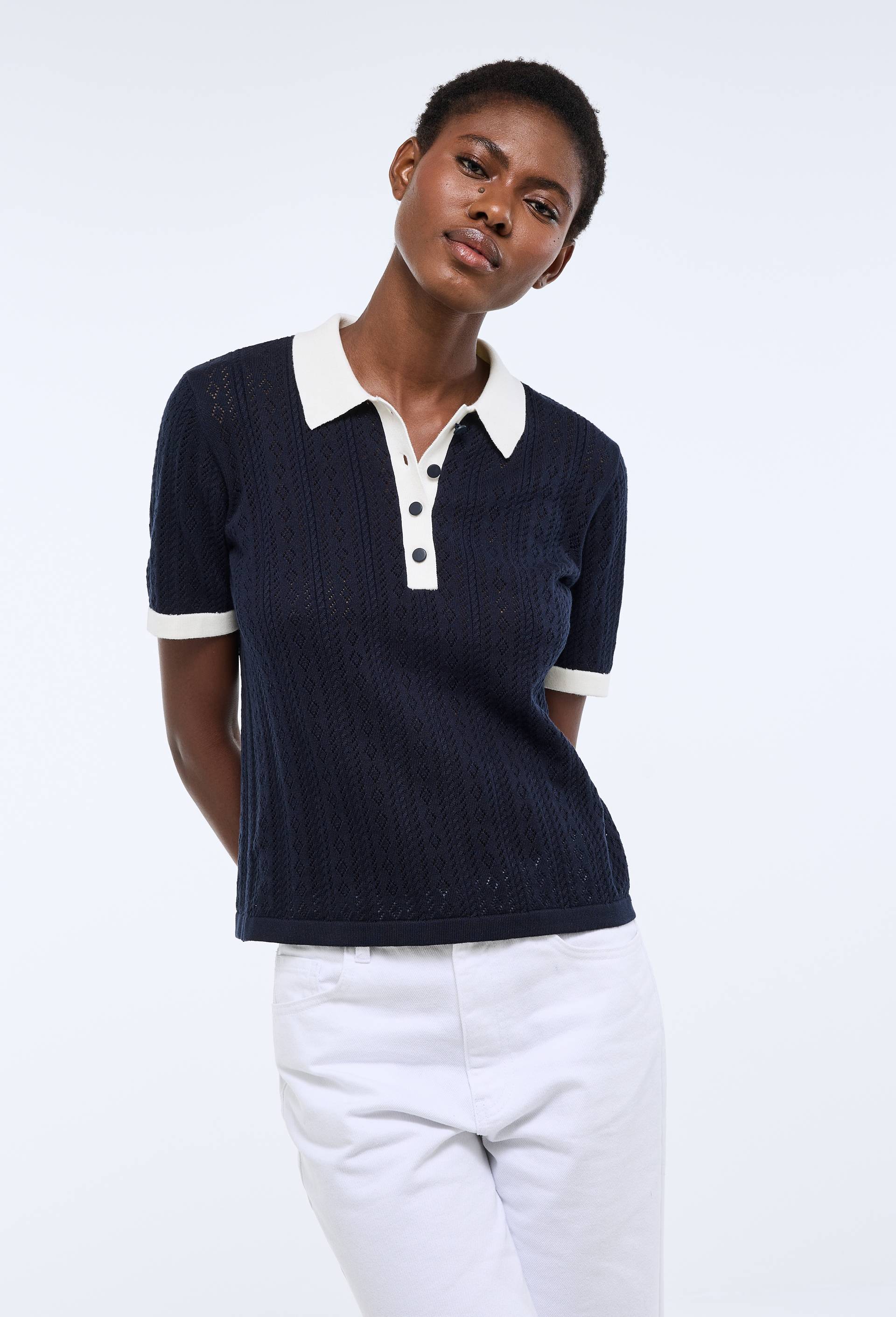 Polo ajour&eacute; bicolores en coton BIO, Bleu fonc&eacute;, swatch image