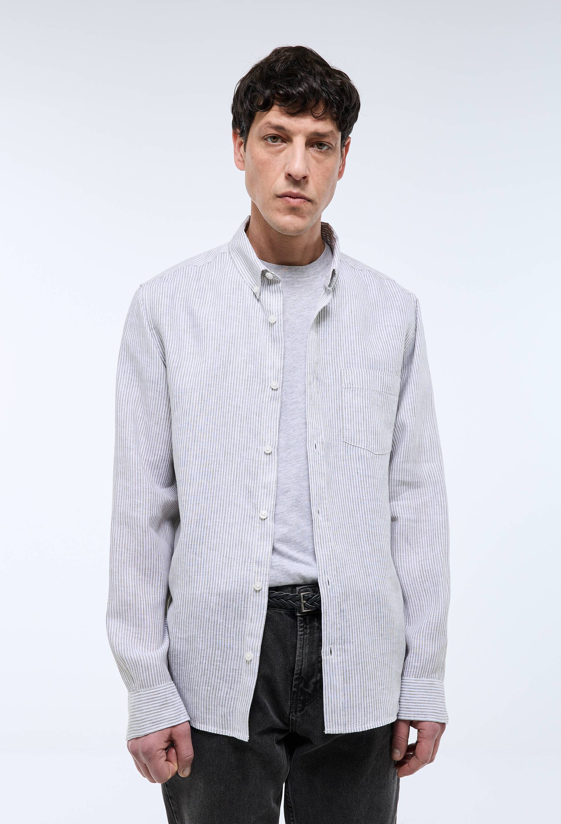 Chemise manches longues ray&eacute;e en lin, Vert, swatch image