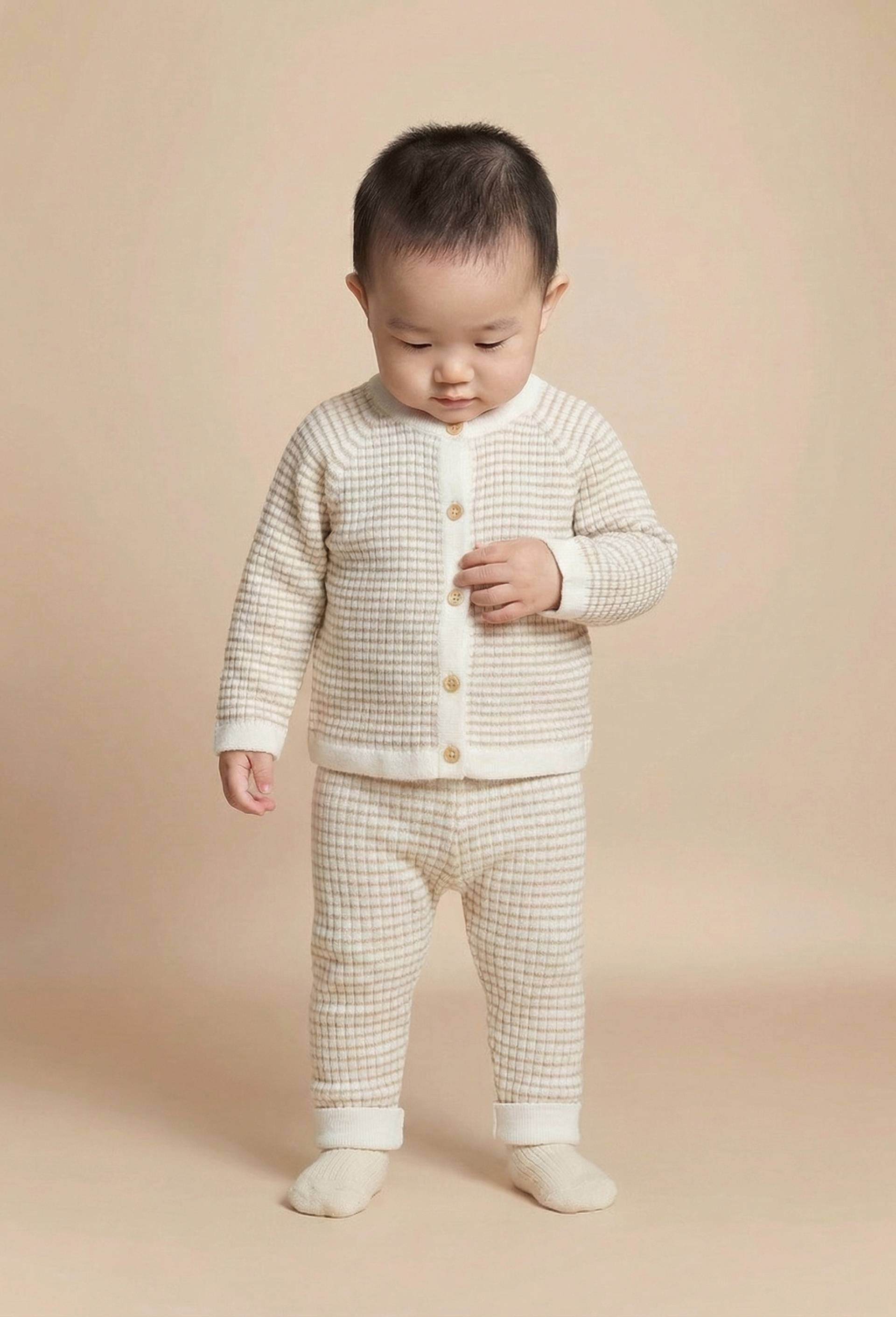 Ensemble cardigan et pantalon ray&eacute; en coton, Beige clair, large image number 0