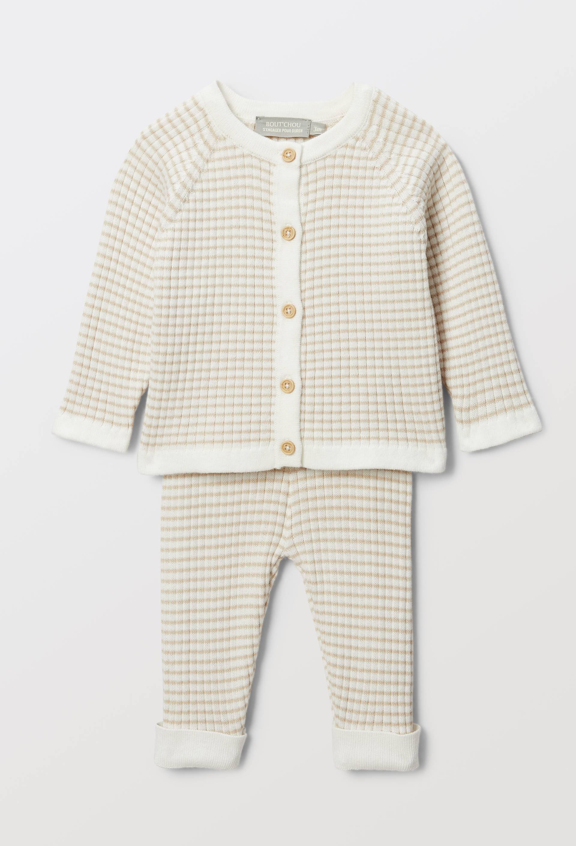 Ensemble cardigan et pantalon ray&eacute; en coton, Beige clair, large image number 4.0