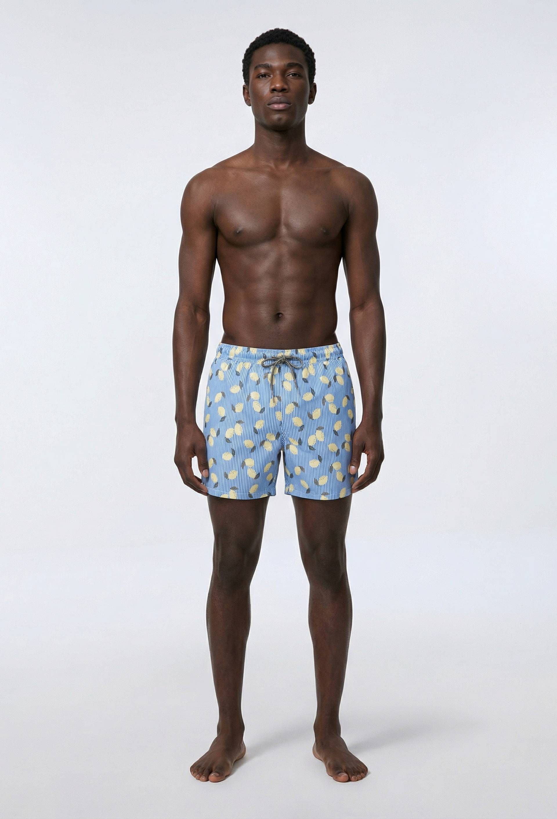 Short de bain imprim&eacute; citron ray&eacute; en polyester recycl&eacute;, Bleu, large image number 0