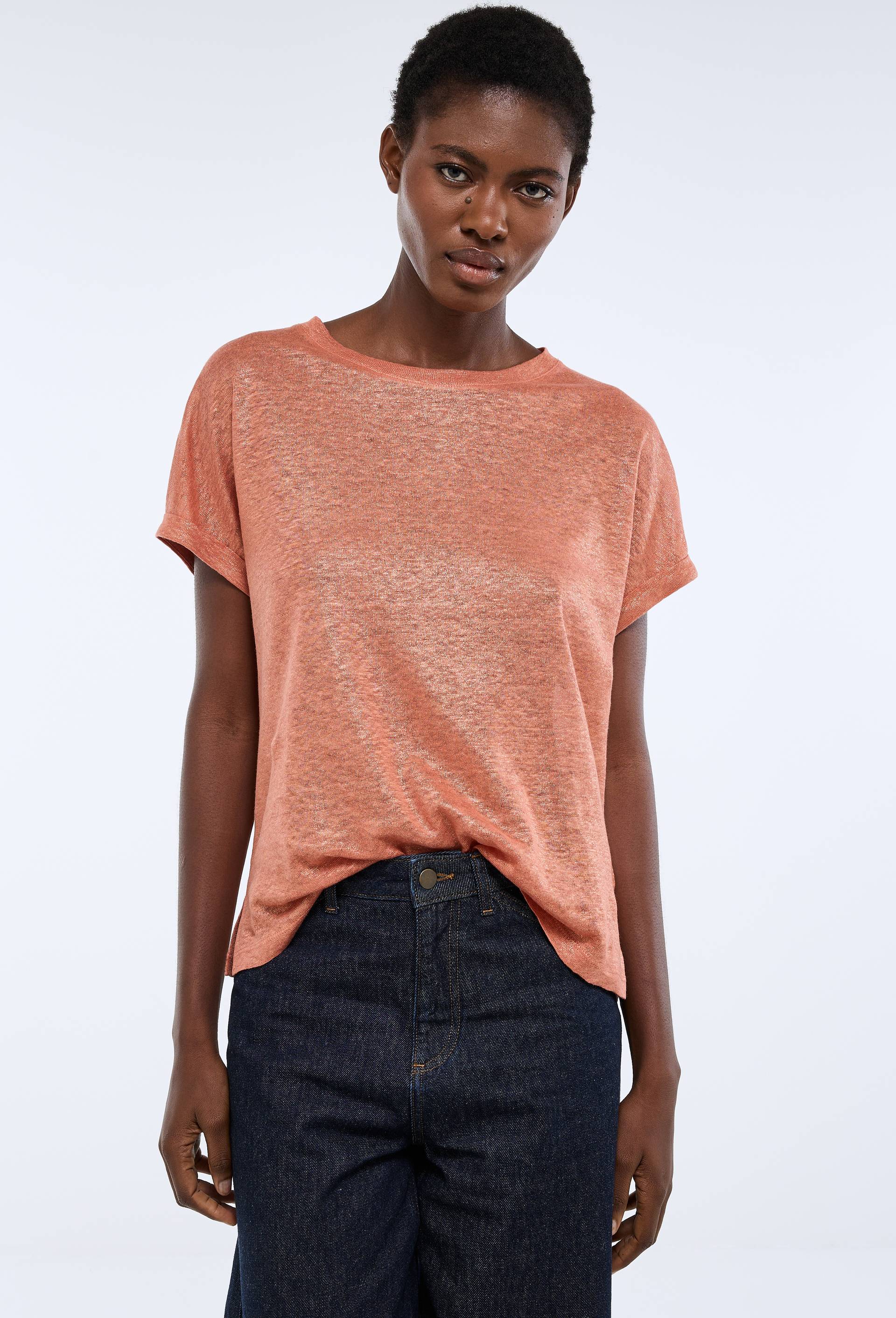 T-shirt manches &agrave; revers m&eacute;tallis&eacute; en lin, Rose, large image number 0.0
