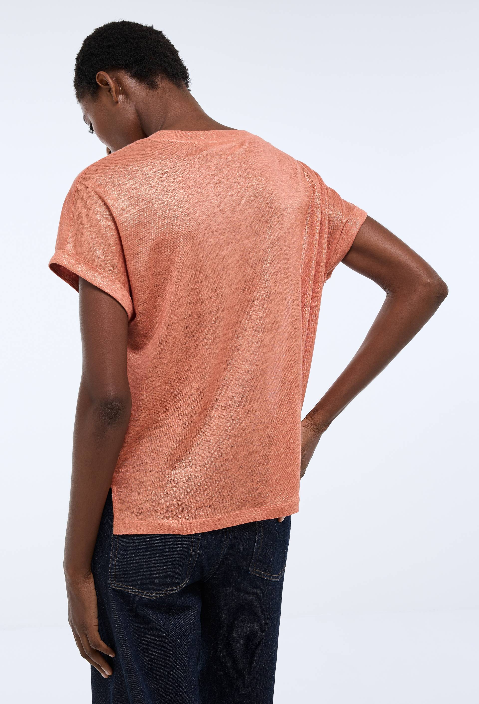 T-shirt manches &agrave; revers m&eacute;tallis&eacute; en lin, Rose, large image number 1.0