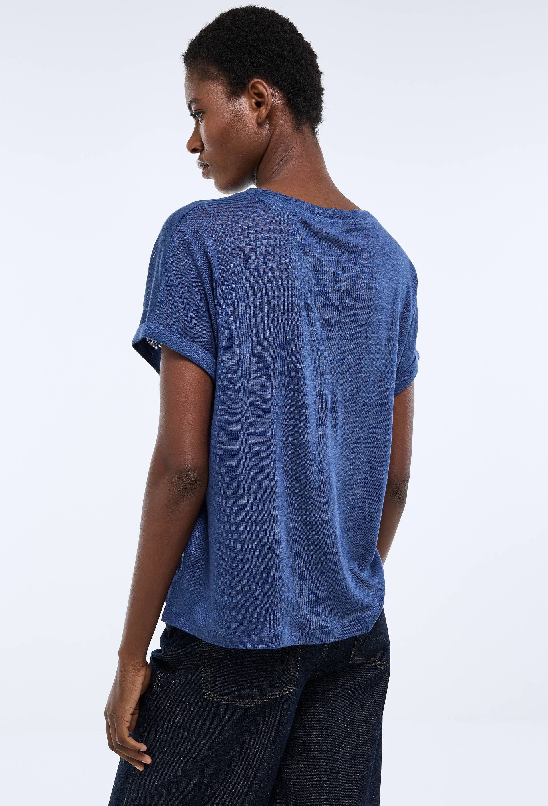 T-shirt manches &agrave; revers uni en lin, Bleu fonc&eacute;, large image number 1