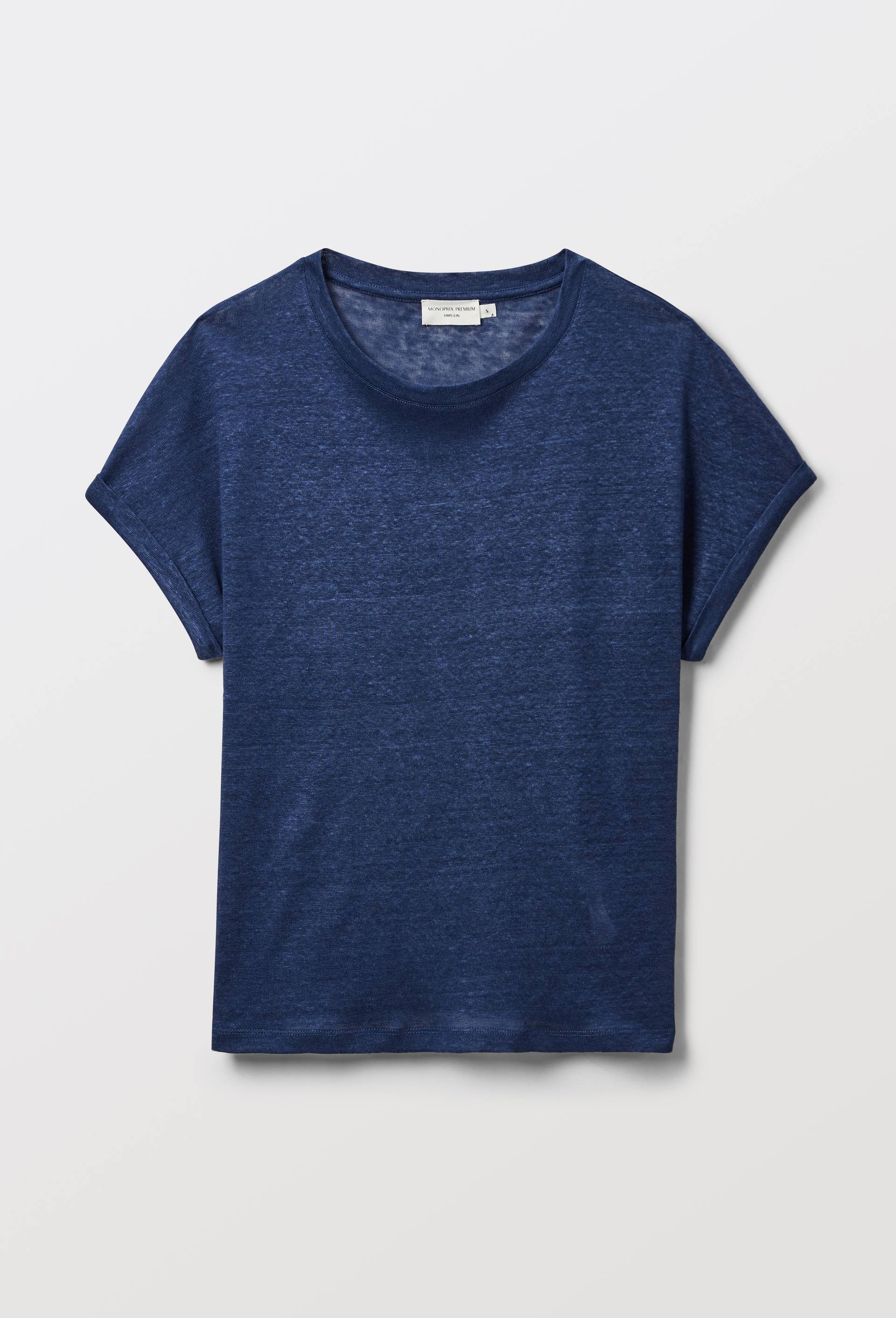 T-shirt manches &agrave; revers uni en lin, Bleu fonc&eacute;, large image number 2