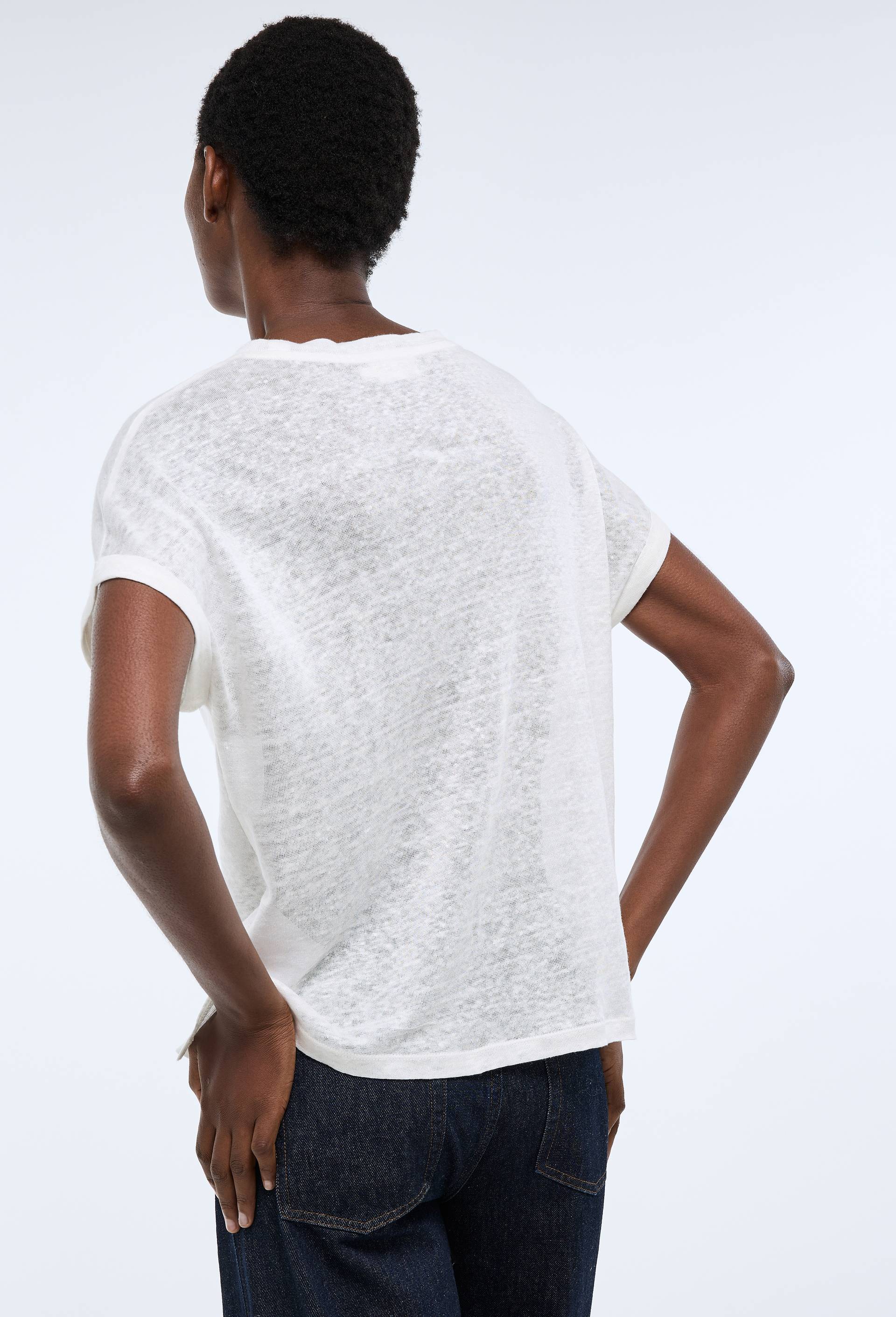 T-shirt manches &agrave; revers uni en lin, Ecru, large image number 1.0